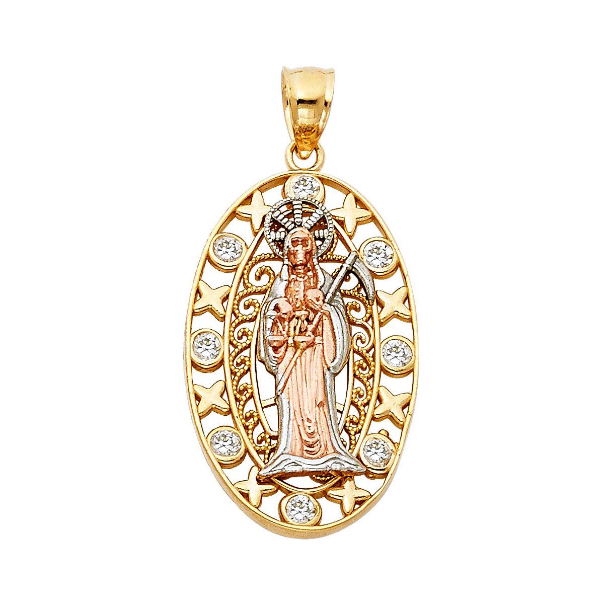 14K Yellow White Rose Gold Santa Muerte Pendant Necklace - Religious Jewelry for Protection & Devotion - Perfect for Gifts, Prayer & Spiritual Wear