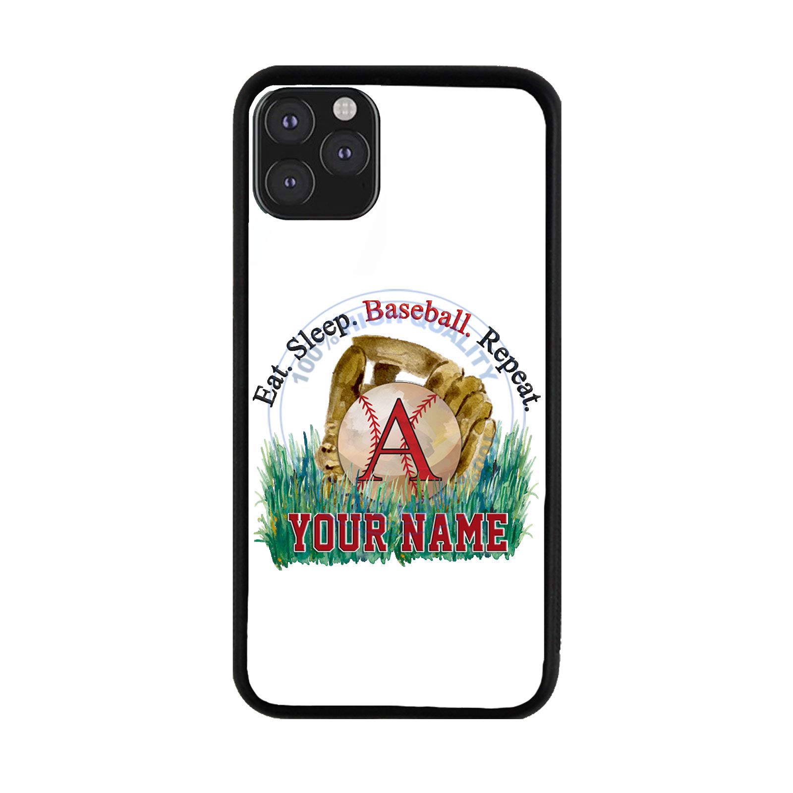 Custom Personalized Monogram Letter A Rubber Phone Case for iPhone 12 & iPhone 12 Pro - Eat Sleep Baseball Design - Perfect for Baseball Fans & Sports Enthusiasts