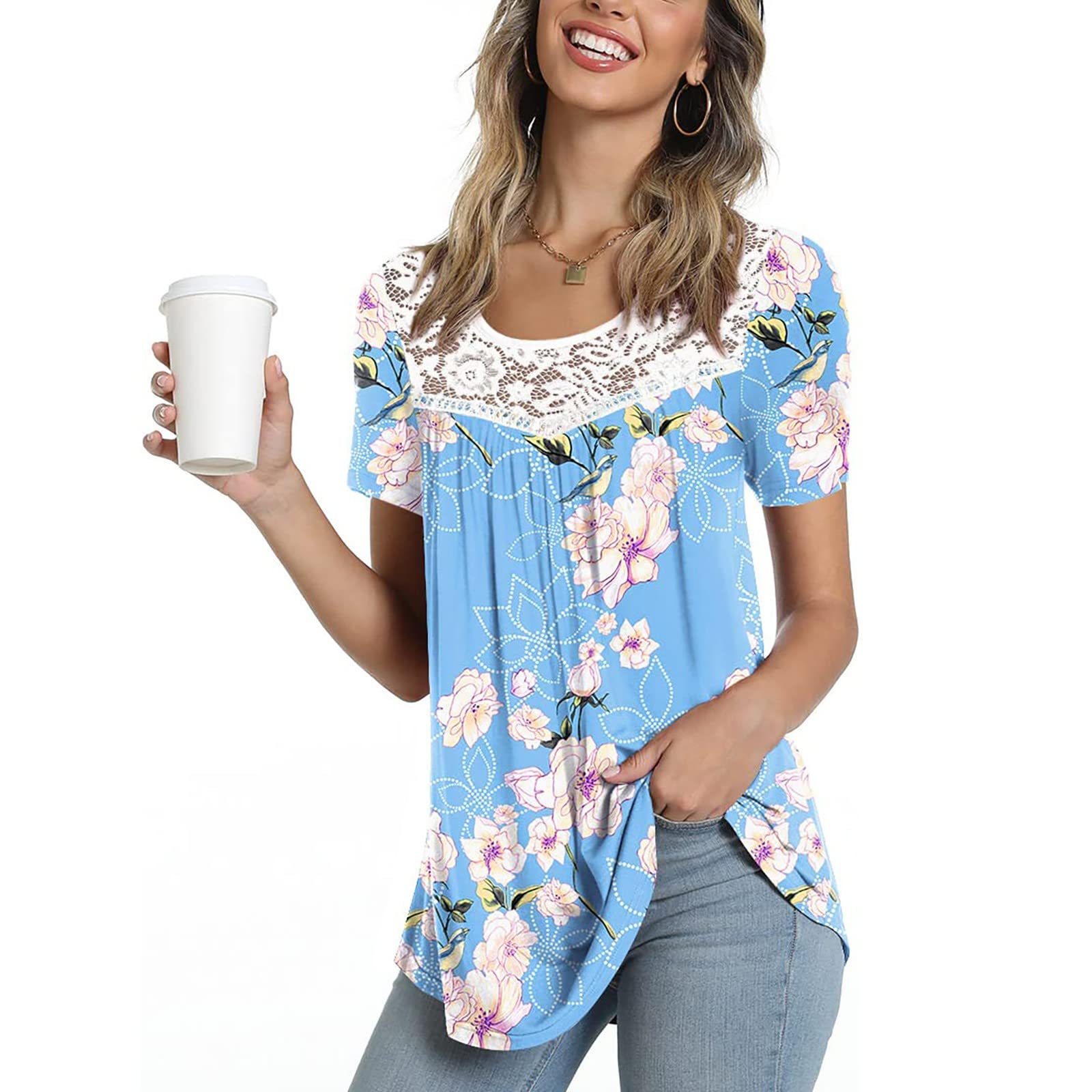 Women's Floral Lace Tunic Tops - Summer Casual Short Sleeve Blouse for Outings