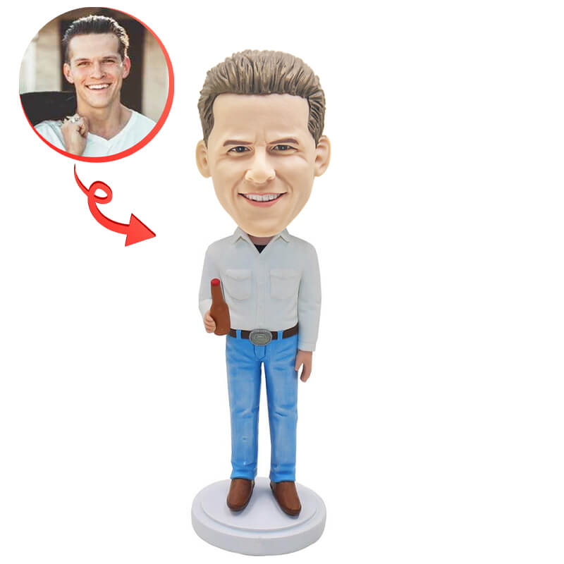 Custom Cowboy with Beer Bottle Bobblehead - Personalized Western Decor for Man Cave, Bar, or Office - Fun Collectible Gift for Cowboy Fans