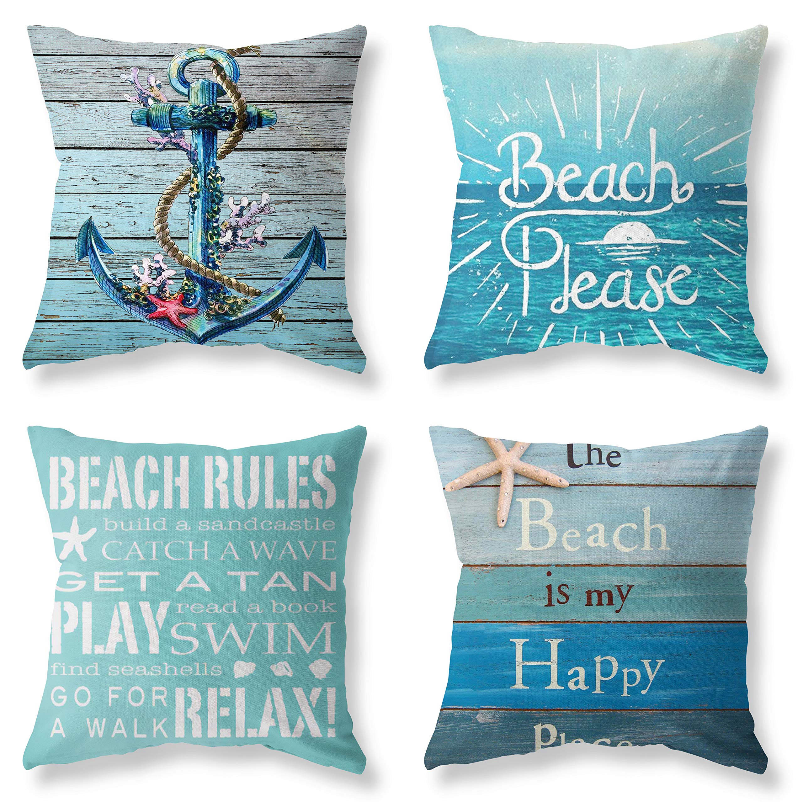 LuckyCow Nautical Wood Beach Rules Quote Holiday Blue Wood Grain Marine Theme Throw Pillow Covers 18x18 Inch - Set of 4 for Outdoor Bench, Porch, Patio Decor & Coastal Home Accents