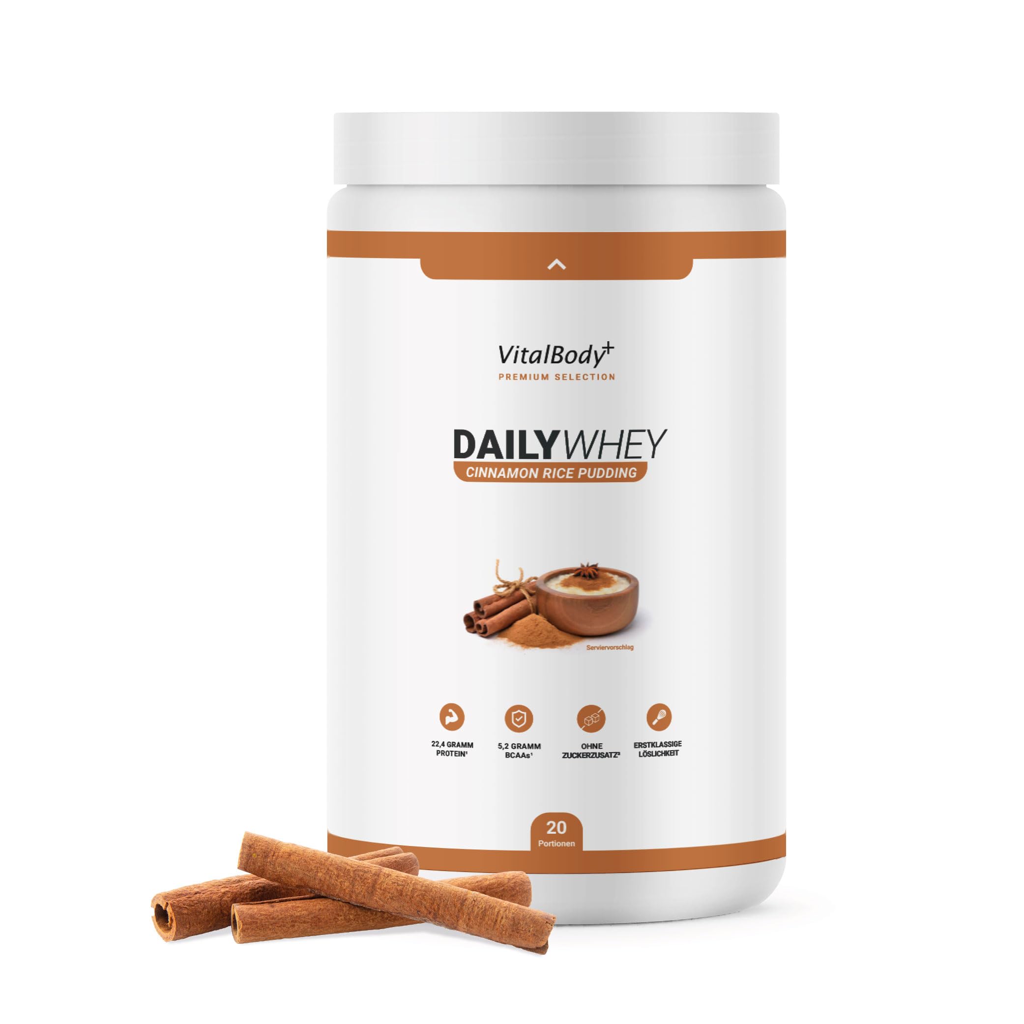 VitalBodyPLUS DailyWhey Protein Powder - Cinnamon Rice Pudding Flavor, 600g | 22g Protein per Serving | Muscle Growth & Maintenance | Made in Germany | Perfect for Post-Workout Recovery & Healthy Breakfast Smoothies