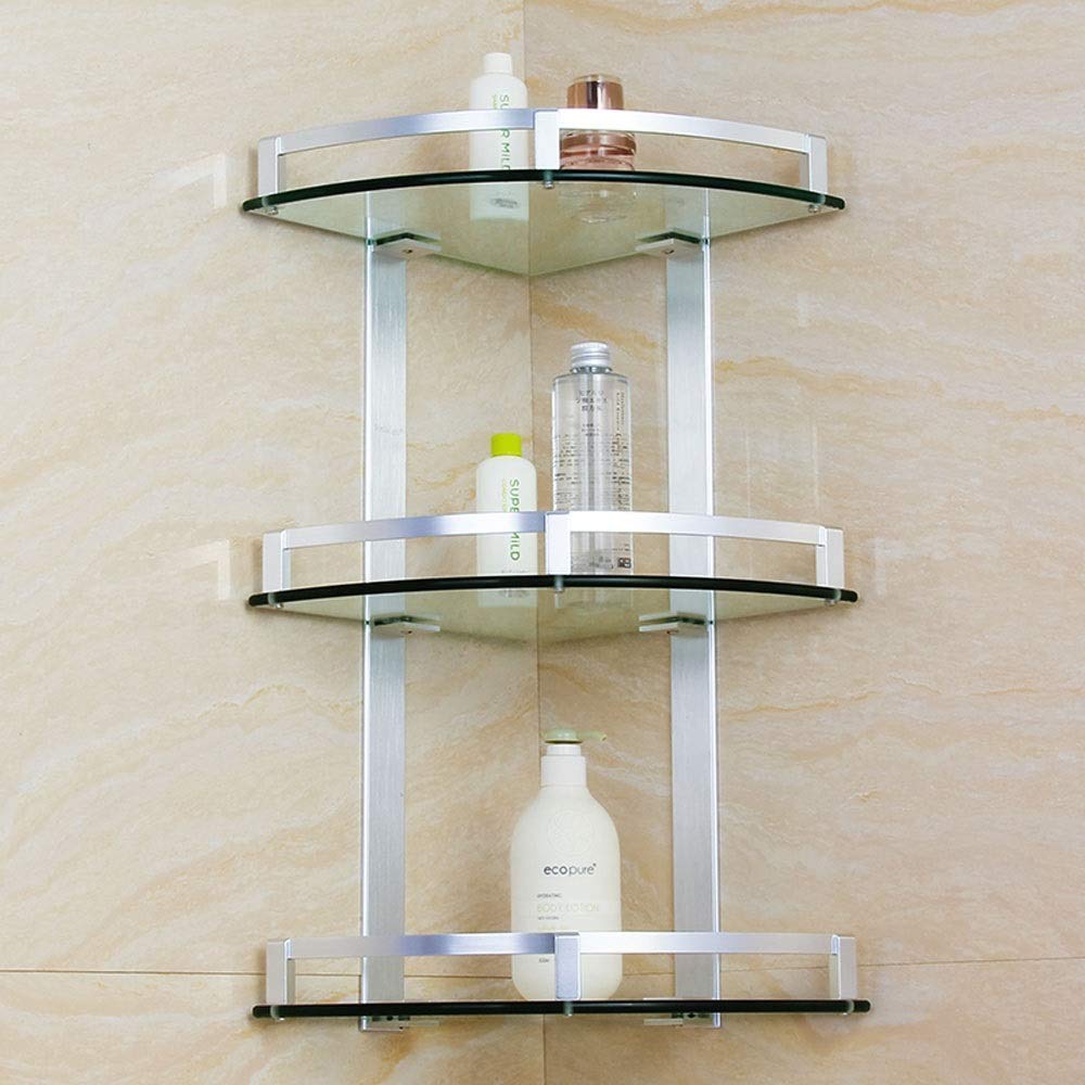 3-Tier Aluminum & Glass Corner Shower Shelf - Wall Mount Bathroom Storage Organizer with Heavy Duty Design - Perfect for Shower Caddy, Bathroom Organization & Small Space Storage (Silver Sand Finish)
