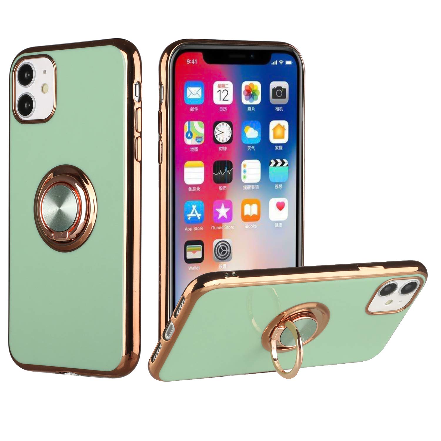 iPhone 12 Pro Max Case with Metal Ring Stand - Light Green for Daily Protection