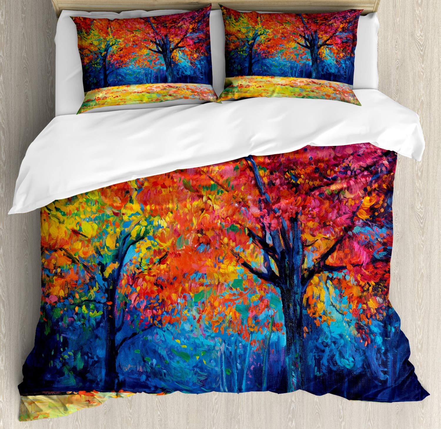 Ambesonne Autumn Leaves Duvet Cover Set - King Size 3-Piece Bedding with 2 Pillow Shams, Vibrant Vermilion & Navy Blue Fall Tree Design for Cozy Seasonal Home Decor | Perfect for Master Bedroom, Guest Room & Autumn-Themed Interior Styling