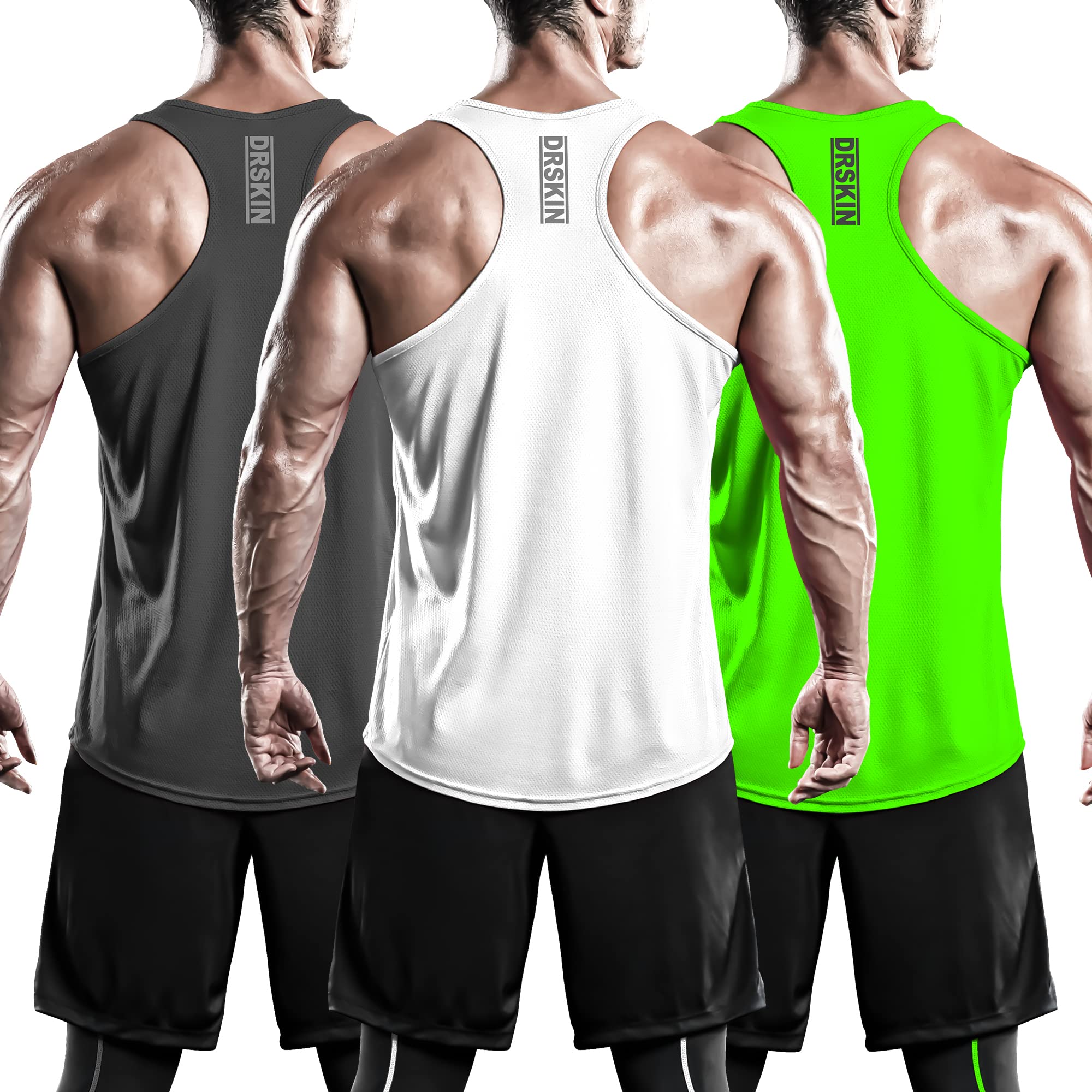 DRSKIN Men's 3 Pack Dry Fit Y-Back Muscle Tank Tops - Breathable Mesh Sleeveless Gym Shirts for Bodybuilding, Training & Athletic Workouts - Moisture Wicking & Cooling Activewear for Gym, Running & Summer Sports