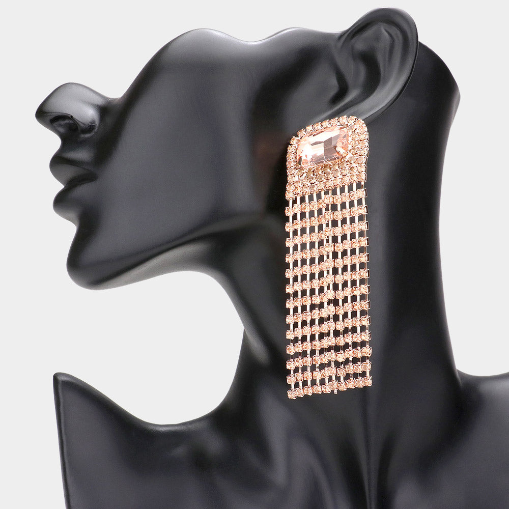 Emerald Cut Peach Stone Rhinestone Fringe Earrings in Rose Gold - Elegant Pageant & Prom Jewelry for Women - Perfect for Weddings, Parties, and Special Occasions