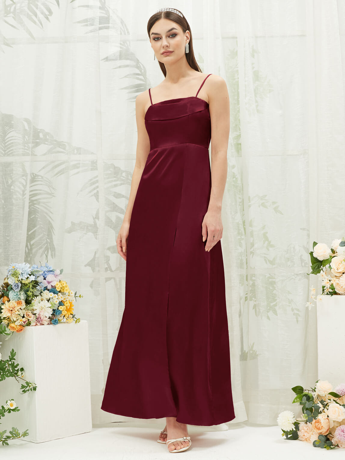 Elegant Burgundy Satin Convertible Slit Maxi Bridesmaid Dress - Perfect for Weddings, Prom & Formal Events