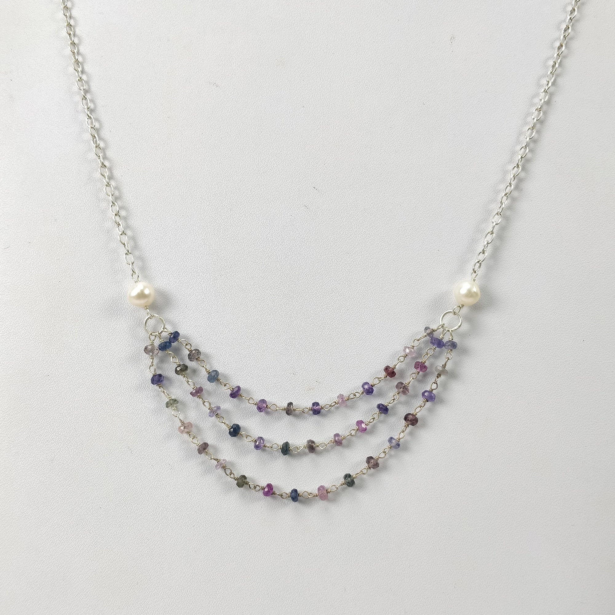 Multi Sapphire & Pearl Gemstone Beads Chain Necklace - 30.70cts Natural Untreated 925 Sterling Silver Jewelry (3mm & 6mm, 17.25 Inches) | Elegant Gift for Women, Perfect for Weddings & Special Occasions
