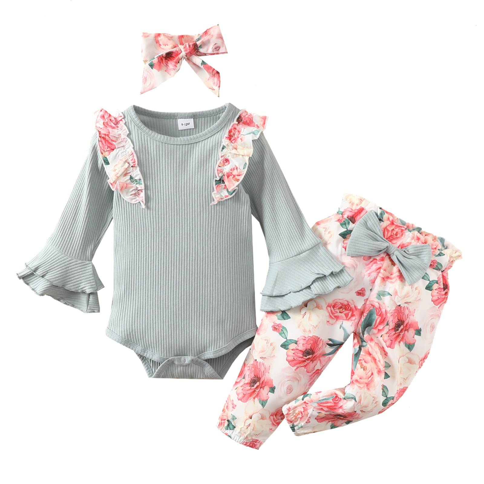 Spearmint Baby Shoes & Newborn Outfits - Infant Girls & Boys Long Sleeve Romper Bodysuits with Floral Prints, Bows & Headbands - Perfect for Photoshoots, Birthday Parties & Daily Wear