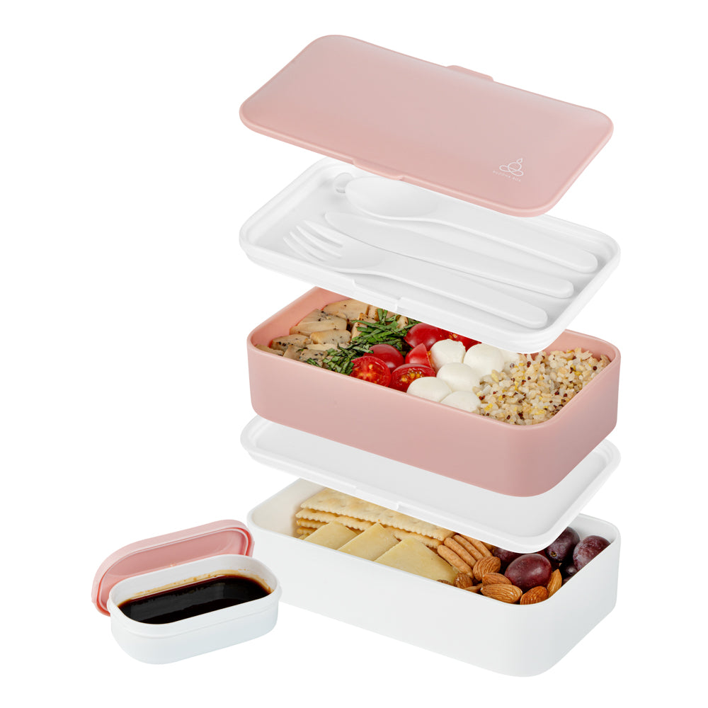 Bento Tek 41 oz Pink and White Buddha Lunch Box with Utensils & Sauce Cup | All-in-One Meal Prep Container | 7.25