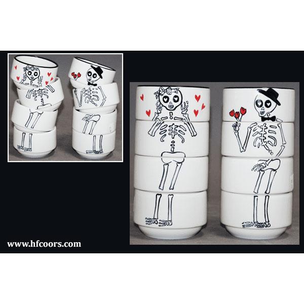 Stackable Bowls Set - White and Black Skeleton Design | Day of the Dead Themed Dinnerware for Halloween, Dia de los Muertos Celebrations & Gothic Home Decor