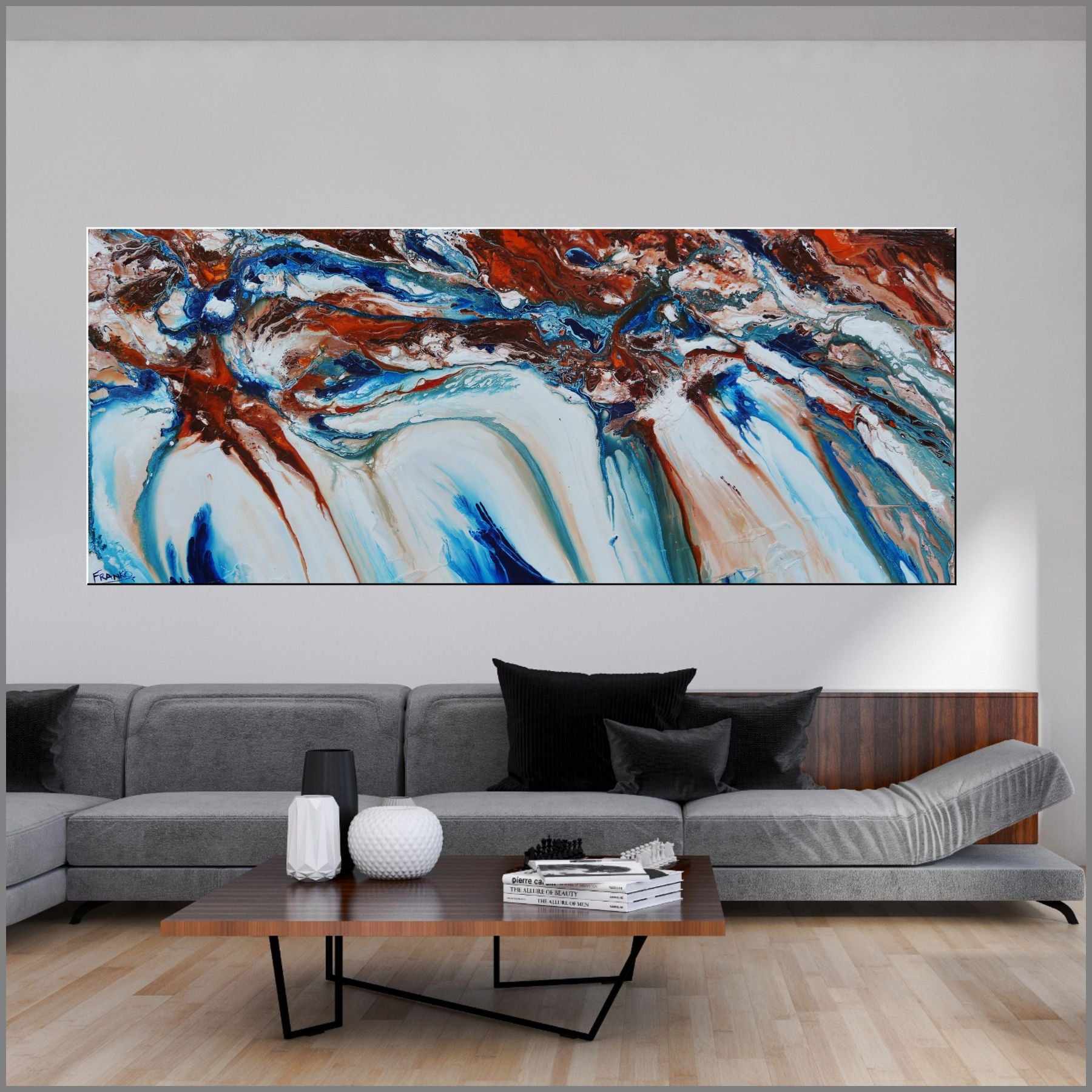 240cm x 100cm Blue Oxide White Textured Abstract Canvas Painting - Modern Coastal Wall Art for Living Room, Bedroom & Office Decor