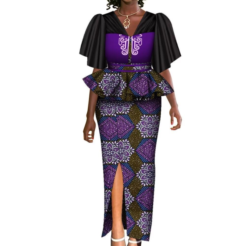 BAZINRICHE Women's 2 Piece African Print Outfit - Patchwork Embroidery Ruffled Top & Split Skirt Plus Size Set | Casual Wear, Summer Outfits, Cultural Events & Vacation Style