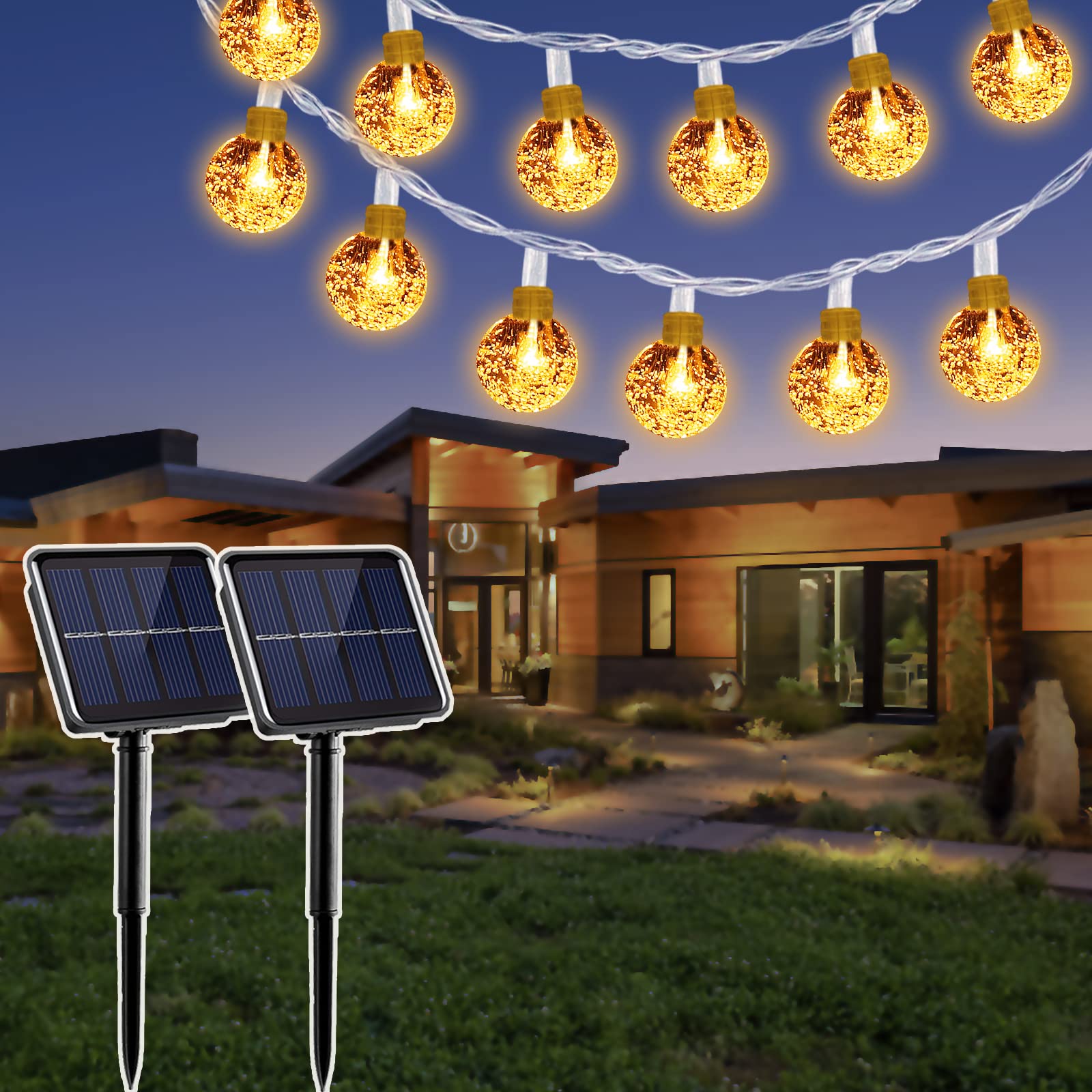 YEOLEH 2 Pack 22Ft 40 LED Solar Powered Outdoor String Lights - Waterproof Crystal Globe Fairy Lights with 8 Lighting Modes for Patio, Yard, Garden, Trees, Wedding & Party Decorations (Warm White) - Perfect for Backyard, Porch, Landscape, and Holiday Lighting