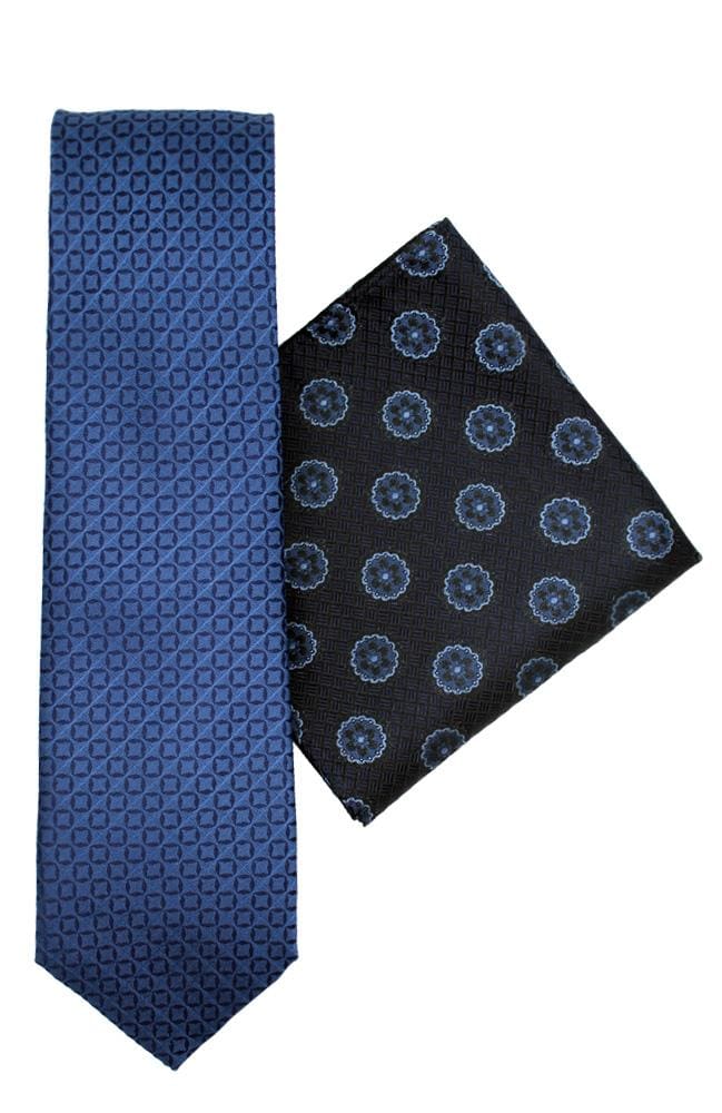 L.A. Smith Medallion Blue Silk Tie & Pocket Square Set - Premium Men's Formal Accessories for Weddings & Business Meetings