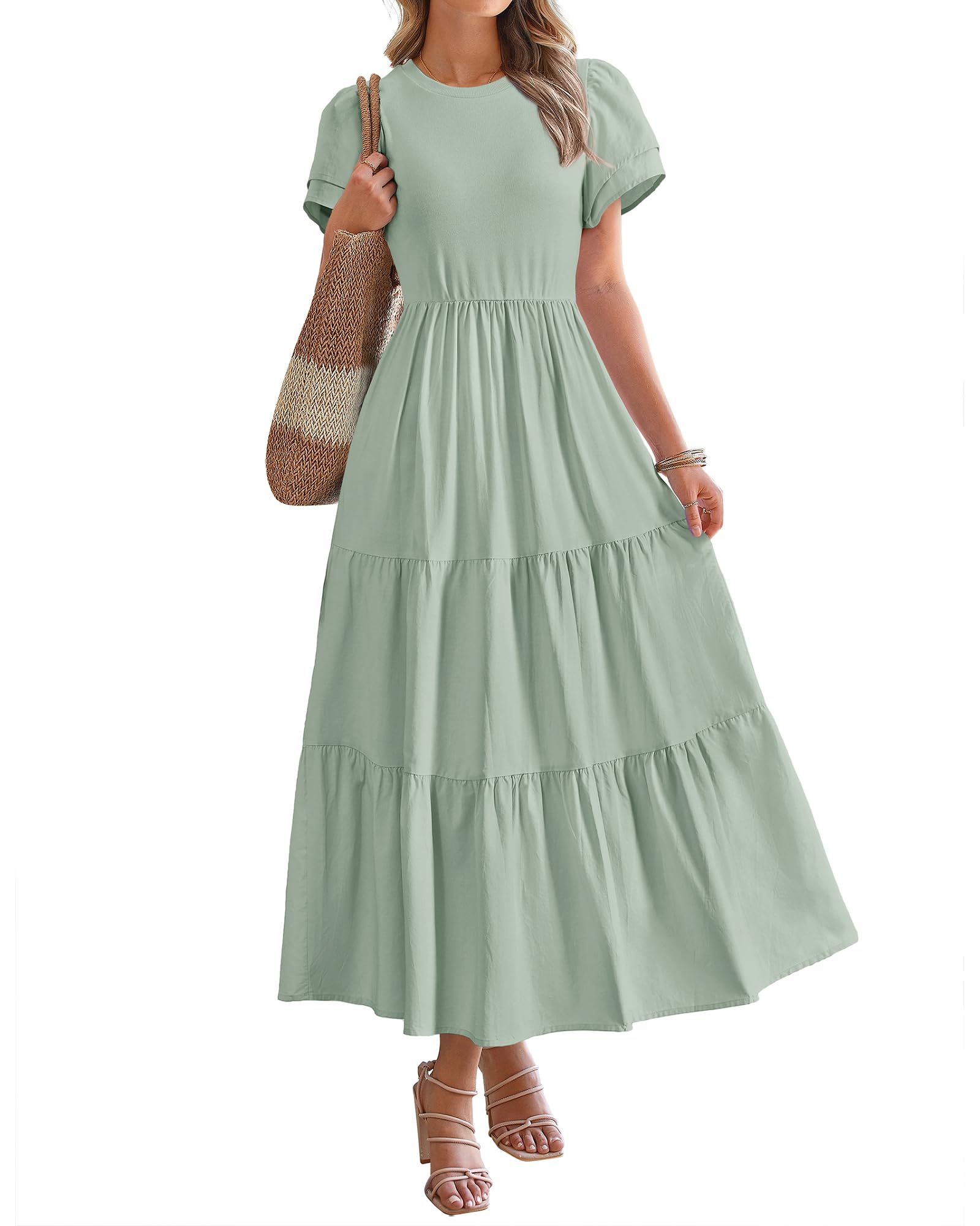 BTFBM Women's Casual Summer Maxi Dress 2025 - Boho Flowy Tiered Beach Dress with Pockets, Crewneck Short Sleeve for Spring & Summer Vacations | Perfect for Beach Outings, Music Festivals & Casual Daywear