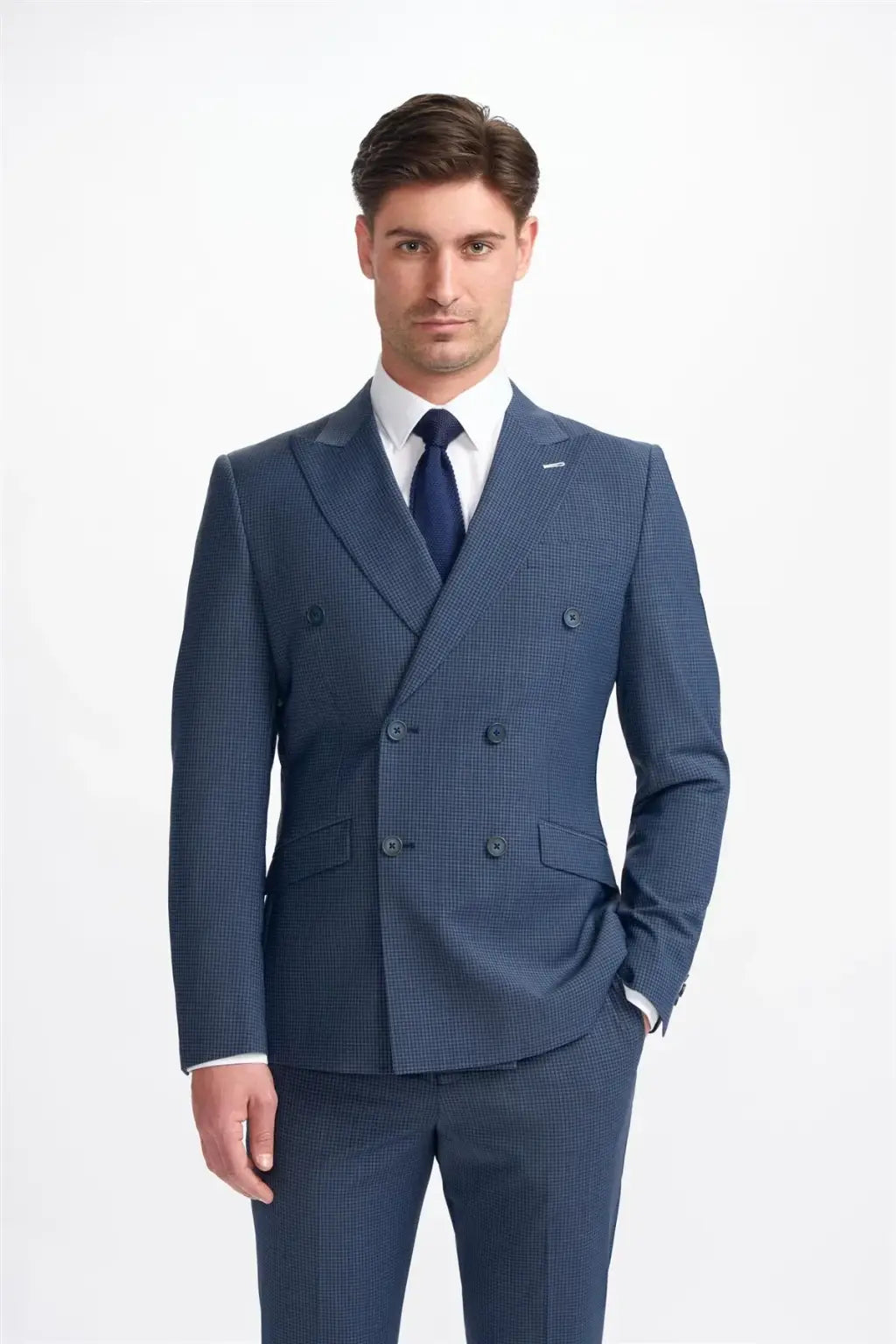 Cavani Bond Navy Check Double Breasted Blazer for Men - Premium Wool Business Suit Jacket for Office, Wedding & Formal Events