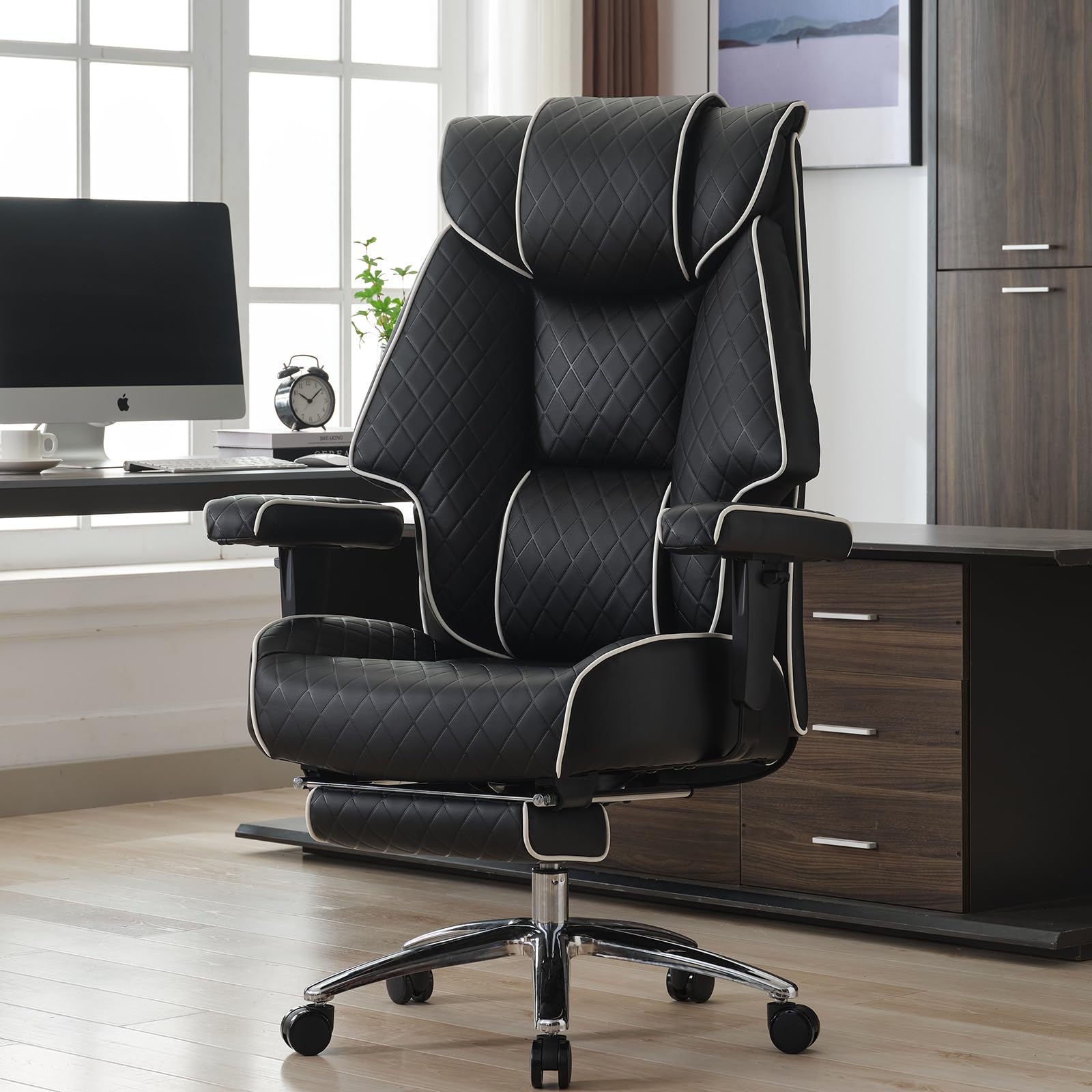 Big and Tall Office Chair with Footrest - 400lbs Capacity PU Leather High Back Executive Chair, Ergonomic Computer Desk Chair with Lumbar Support for Heavy People (Black) - Perfect for Home Office, Gaming, and Long Work Sessions
