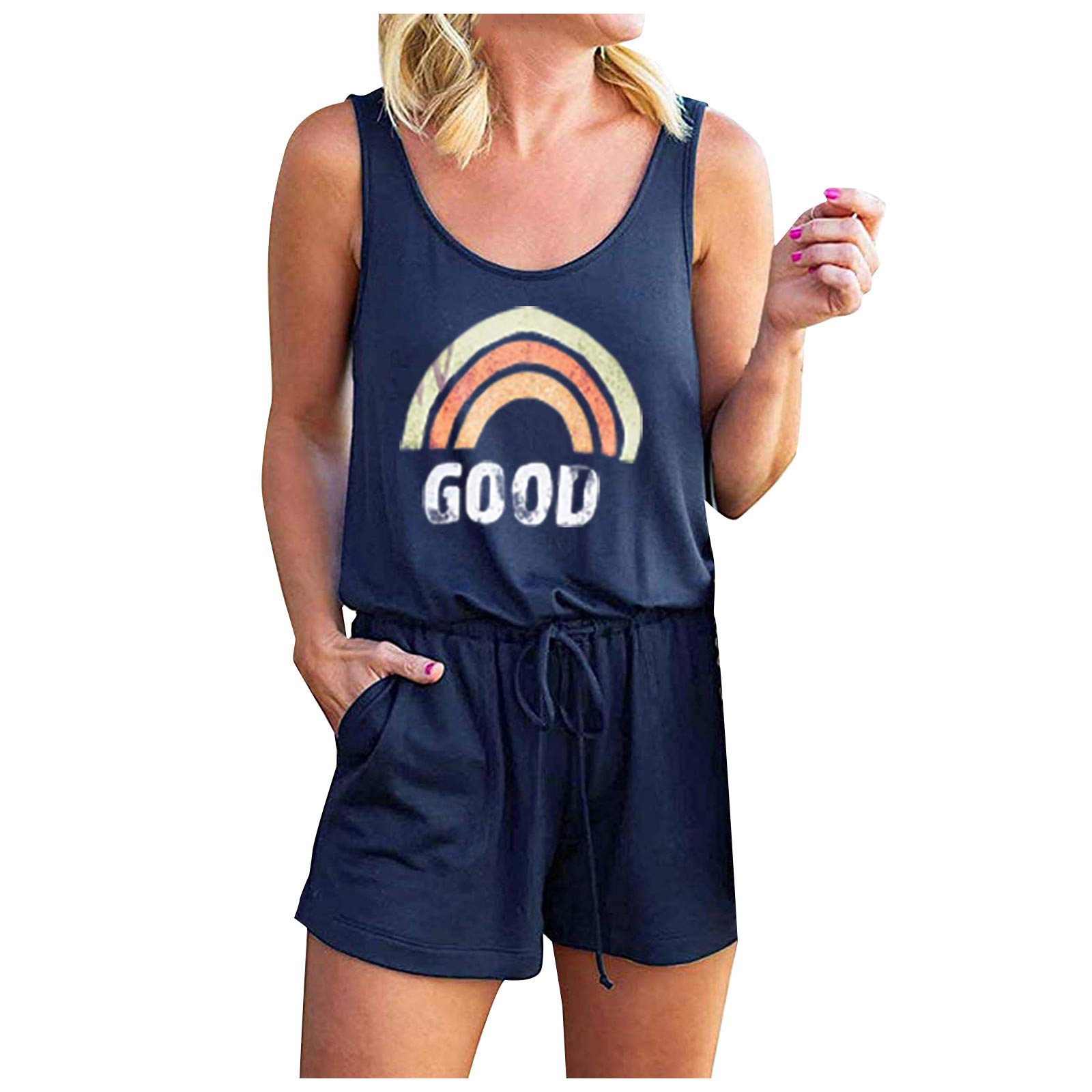 Women's Sleeveless Jumpsuit with Belt & Pockets - Flattering Round Neck Print Romper for Casual Wear, Date Night & Summer Outfits