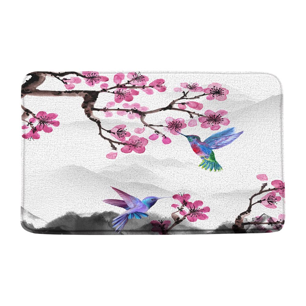 Japanese Cherry Blossom Bath Mat - Non-Slip Pink Floral Bathroom Rug with Hummingbird & Mountain Design (17.7