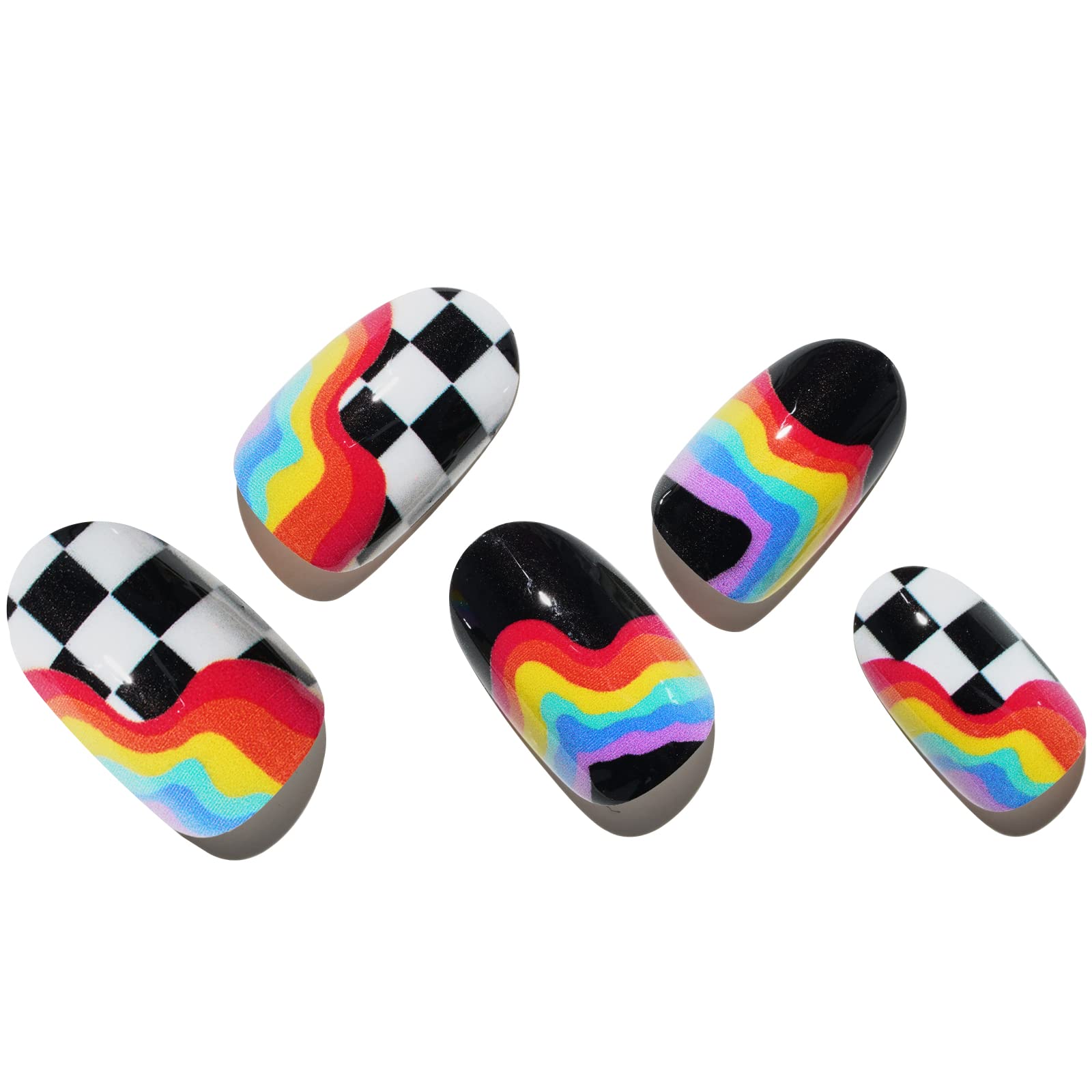 GLAMERMAID Medium Oval Press on Nails - Handmade Gel Fake Nails with Checkerboard Design, Short Oval Acrylic Nail Kit - Reusable Full Cover Stick on Nails for Women | Perfect for Parties, Weddings & Everyday Wear