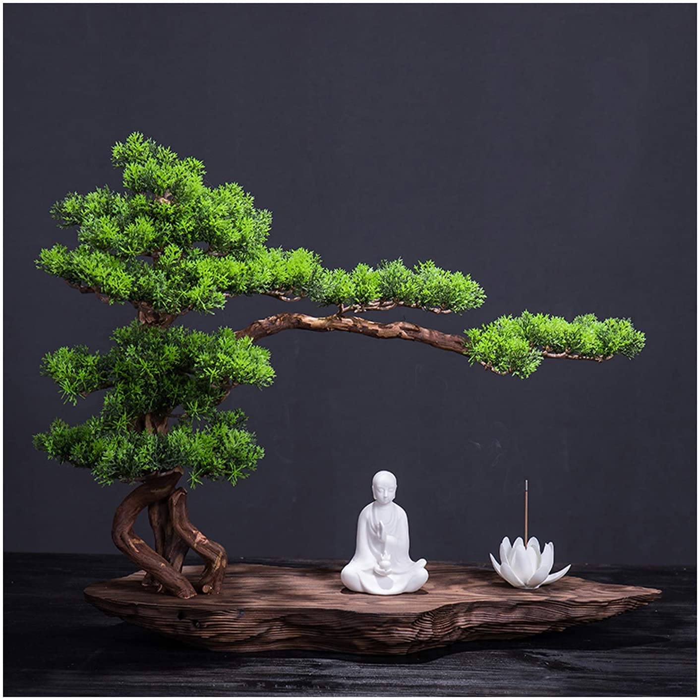 Artificial Pine Bonsai Tree - Fake Green Plant for Home & Office Decor - Chinese Zen Style Lucky Decoration - 20.5 Inch Indoor Simulation Bonsai - Perfect for Living Room, Desk, Meditation Space & Feng Shui Decor