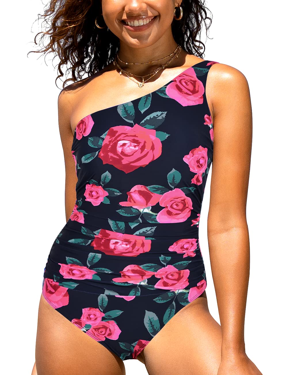Hilor Women's One Shoulder Asymmetric Monokini Swimsuits - Shirred Cutout Bathing Suit for Beach, Pool & Vacation | Sexy One Piece Swimwear for Women