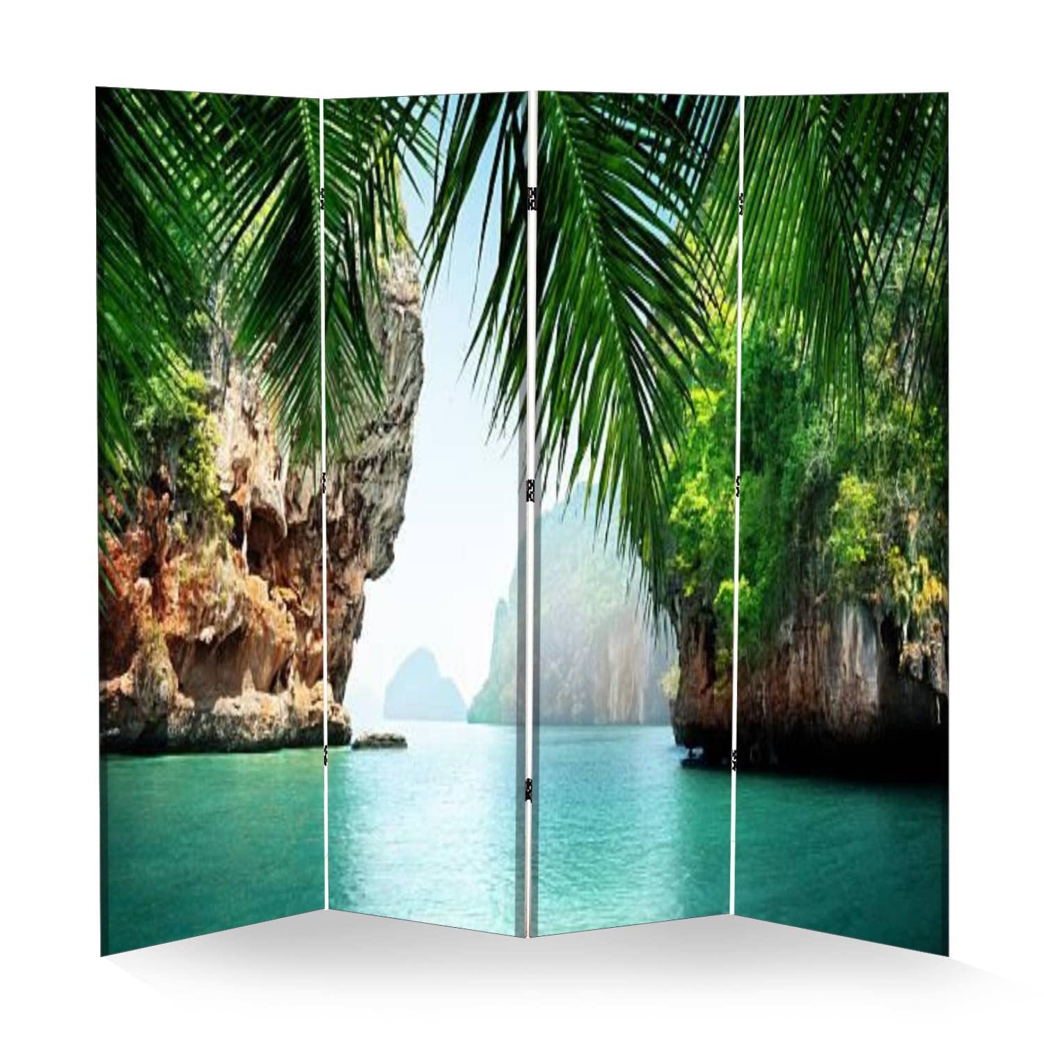 4 Panel Folding Room Divider - Tropical Ocean & Rocks Canvas Privacy Screen | Portable Freestanding Wall Separator for Home, Office, Dorm & Event Spaces