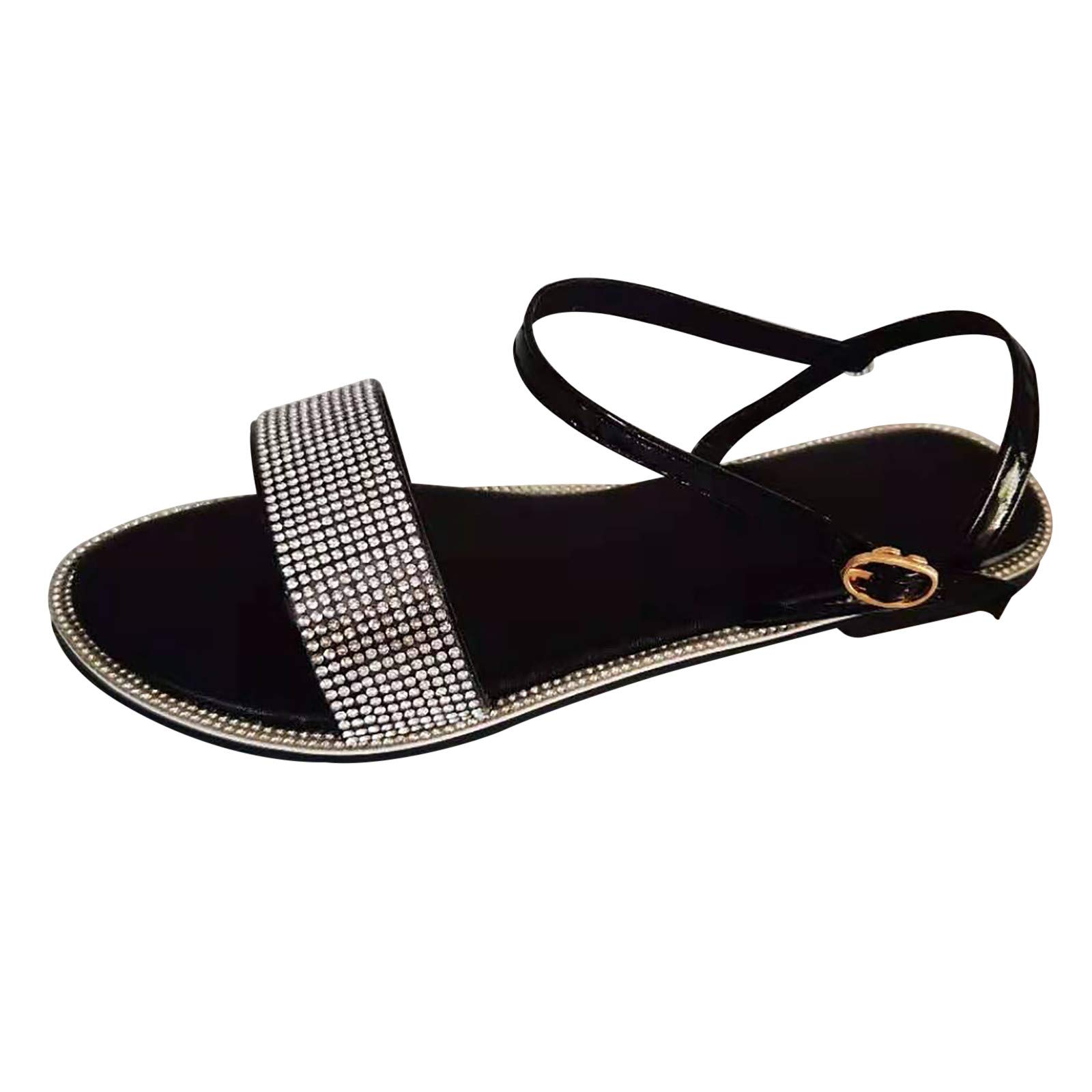 Crystal Flat Summer Sandals for Women - Comfortable Casual Strap Shoes with Round Buckle Toe | Perfect for Outdoor Walking, Beach Vacations & Everyday Wear