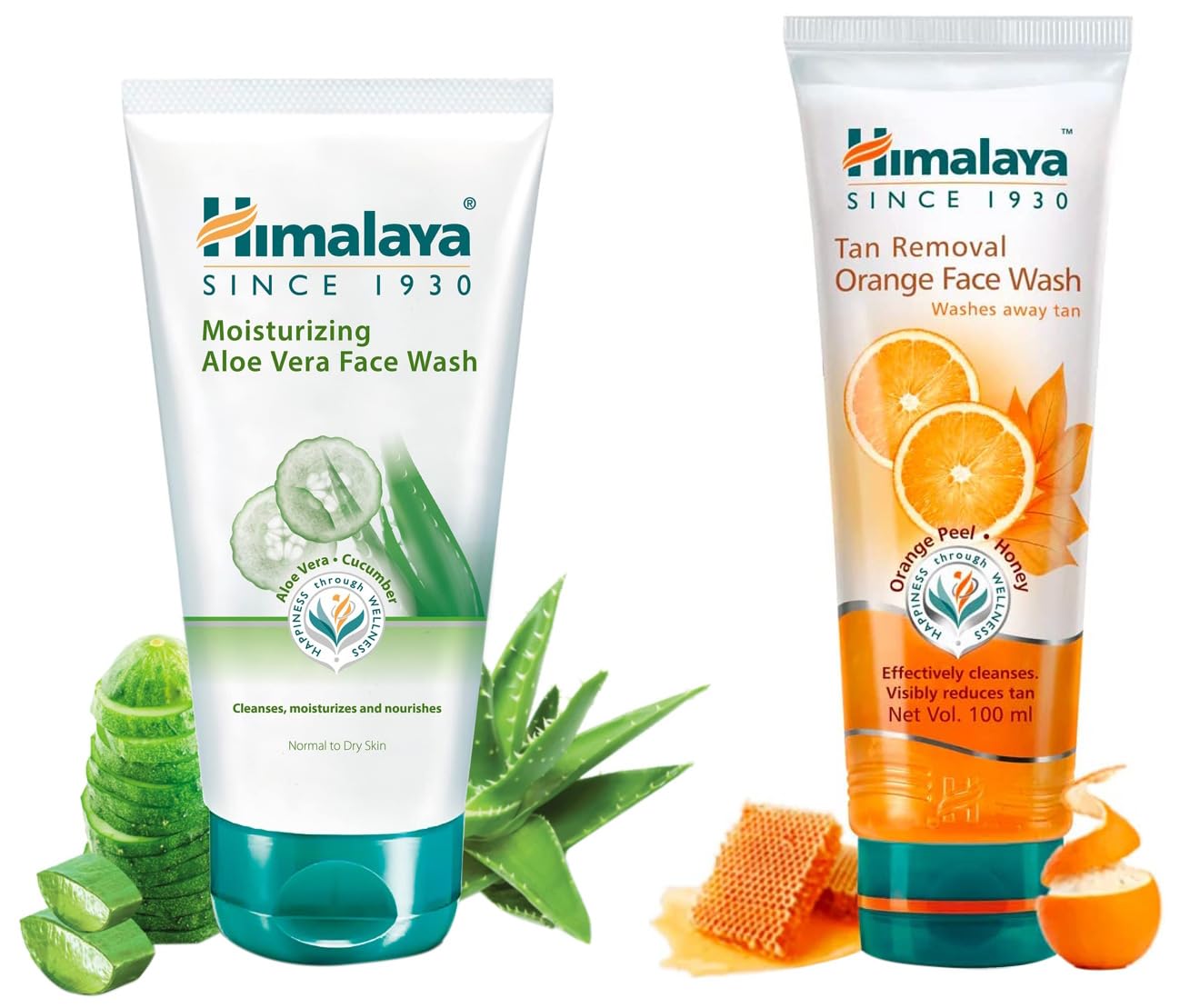 Himalaya Tan Removal Orange Face Wash & Moisturizing Aloe Vera Face Wash Combo - 100ml Each | Brightening & Hydrating Cleanser for Glowing Skin | Perfect for Daily Skincare Routine & Travel