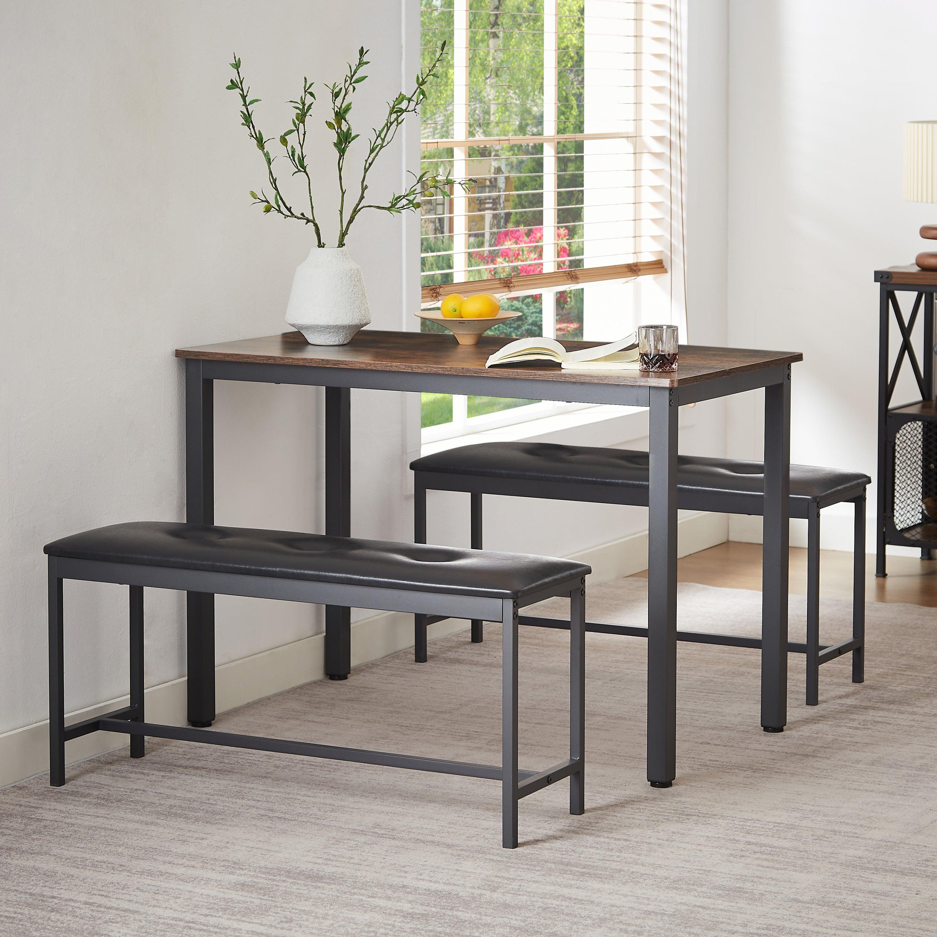 Industrial Style Dining Table Set with 2 PU Upholstered Benches - Rustic Brown Kitchen & Living Room Furniture (43.3