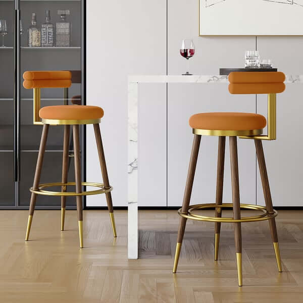Mid Century Modern Orange Bar Stools with Backrest - Set of 2 Velvet Upholstered Counter Height Stools for Kitchen Island, Breakfast Bar & Home Decor