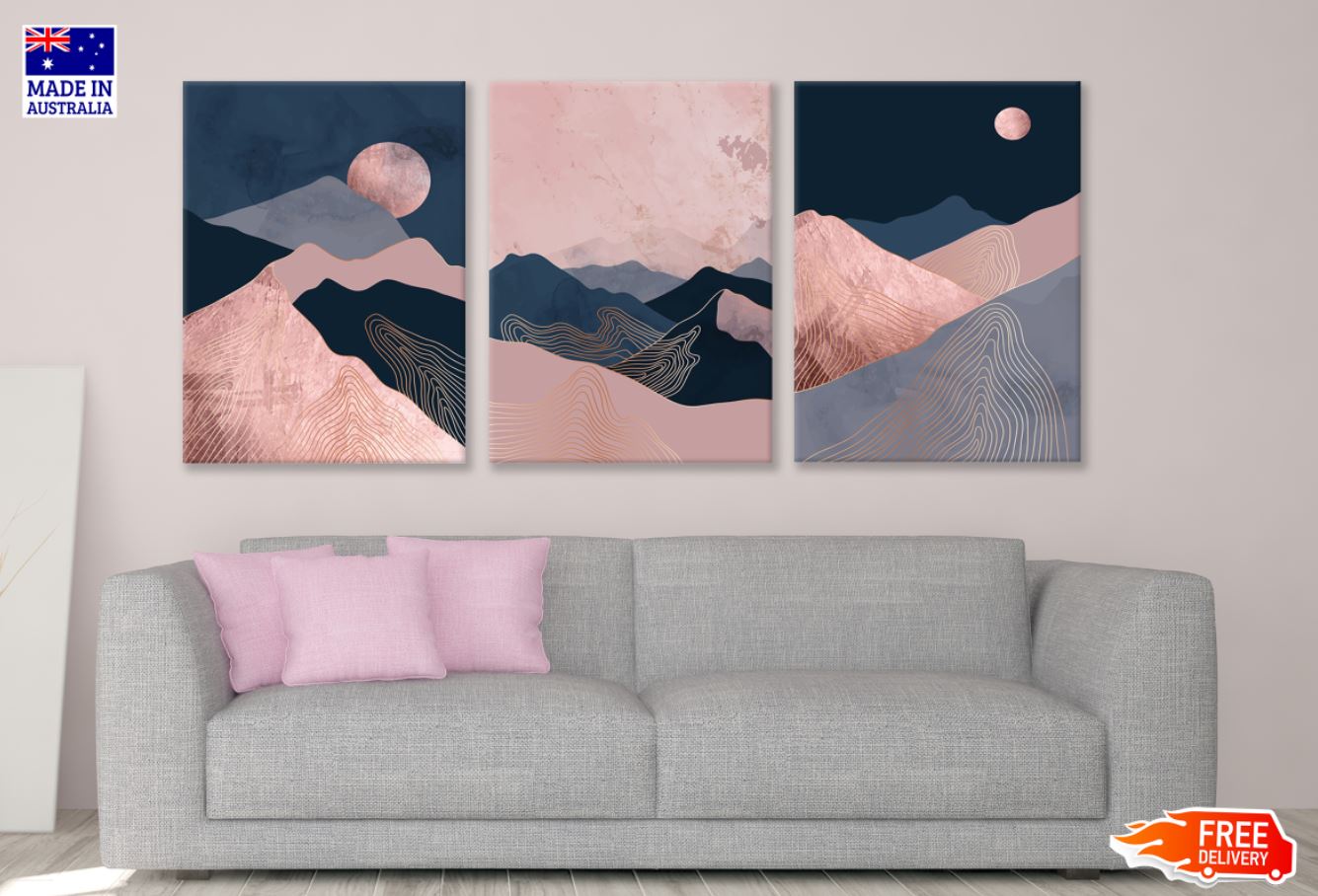 3-Piece Pink Blue Mountain View Art Canvas Prints - High Quality 100% Australian Made Wall Decor - Ready to Hang - Perfect for Living Room, Bedroom & Office Decor