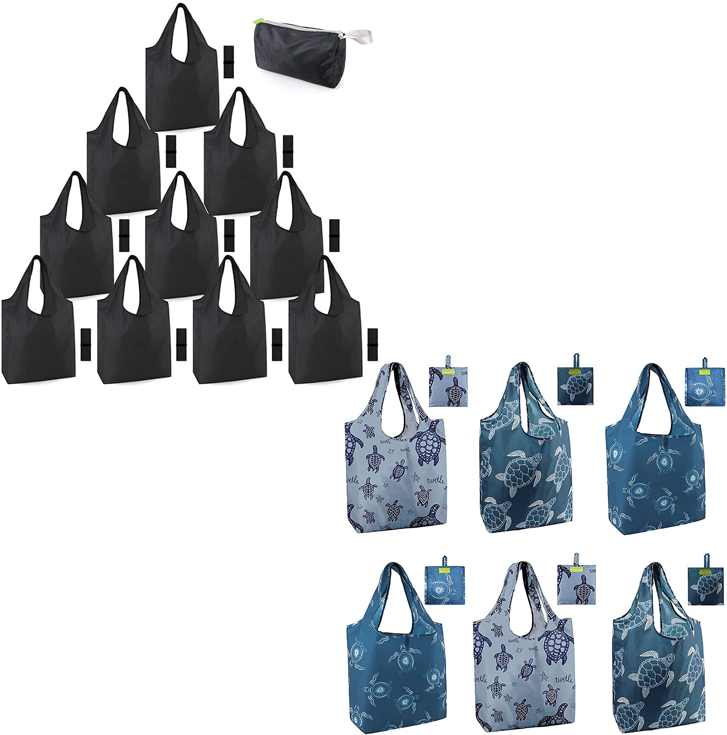 BeeGreen Reusable Grocery Shopping Tote Bags - 10 Pack Large 50LBS Capacity, Cute Sea Turtles Pattern, Washable & Foldable Durable Polyester Bags with Pouch - Perfect for Grocery Shopping, Beach Trips & Eco-Friendly Errands