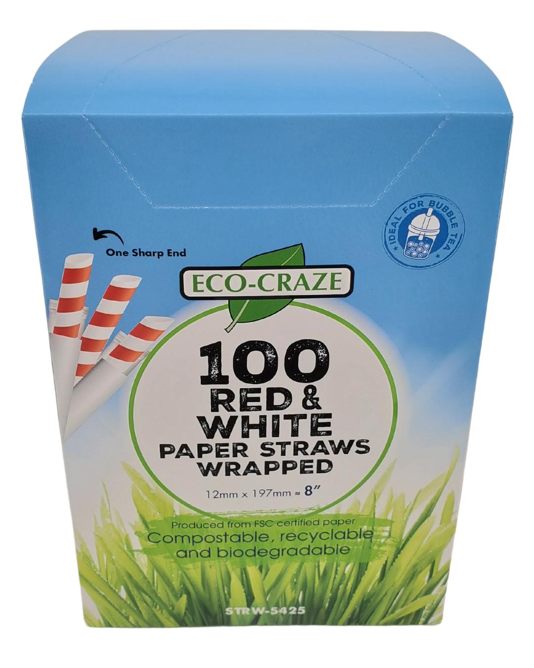 Eco-Friendly 8-Pack Red & White Paper Straws for Bubble Tea - 12mm Sharp End Wrapped - Perfect for Parties, Cafes & Eco-Conscious Drinks