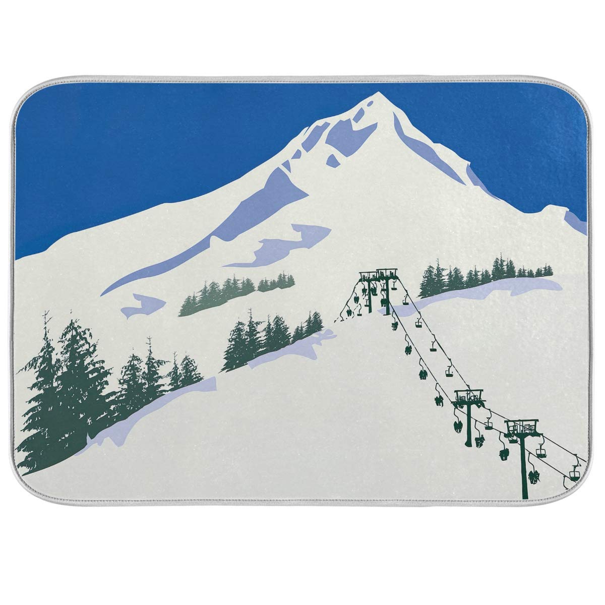 Ski Winter Scene Reversible Absorbent Polyester Dish Drying Mat for Kitchen Counter, 18 x 24 Inch – Perfect for Holiday Decor and Daily Use