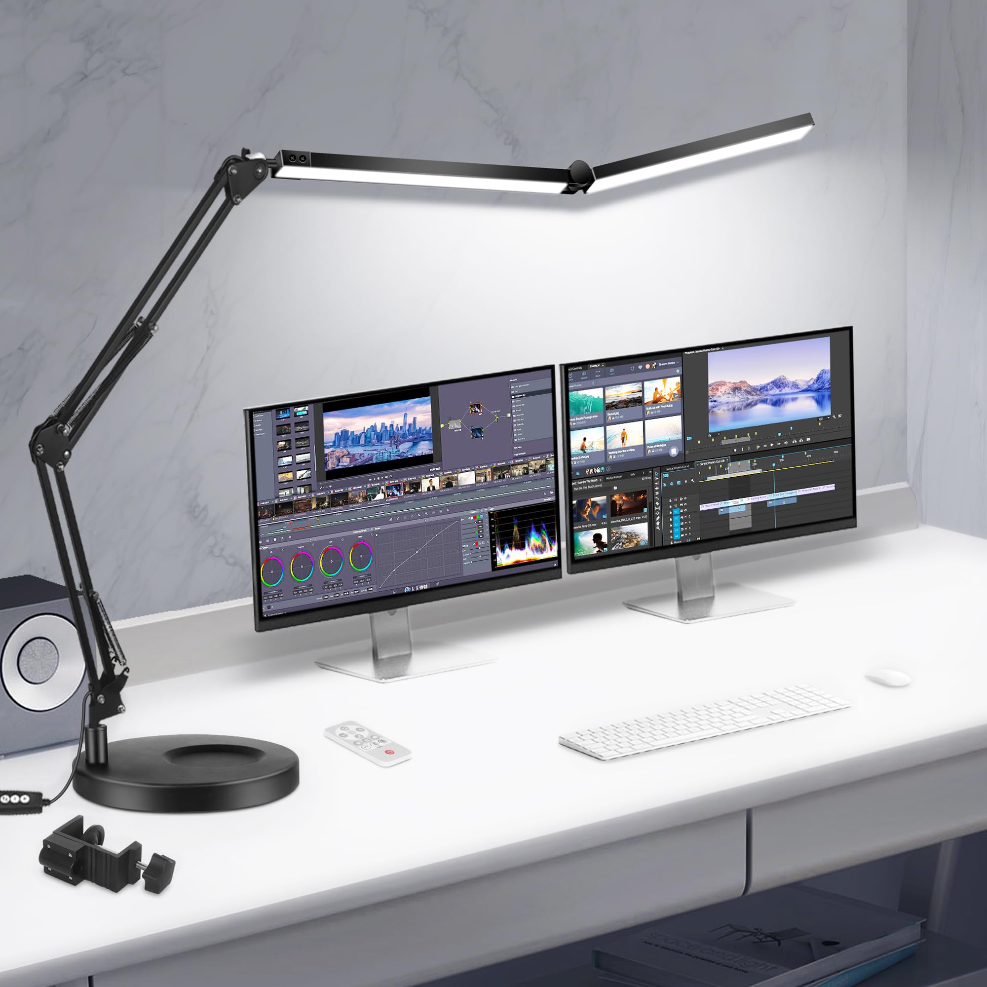 Toolour 2-in-1 LED Desk Lamp with Remote Control - Adjustable Double Head Architect Light with Clamp Base, Dimmable Memory Function for Home Office, Workbench, Darkroom & Computer Workspace Lighting