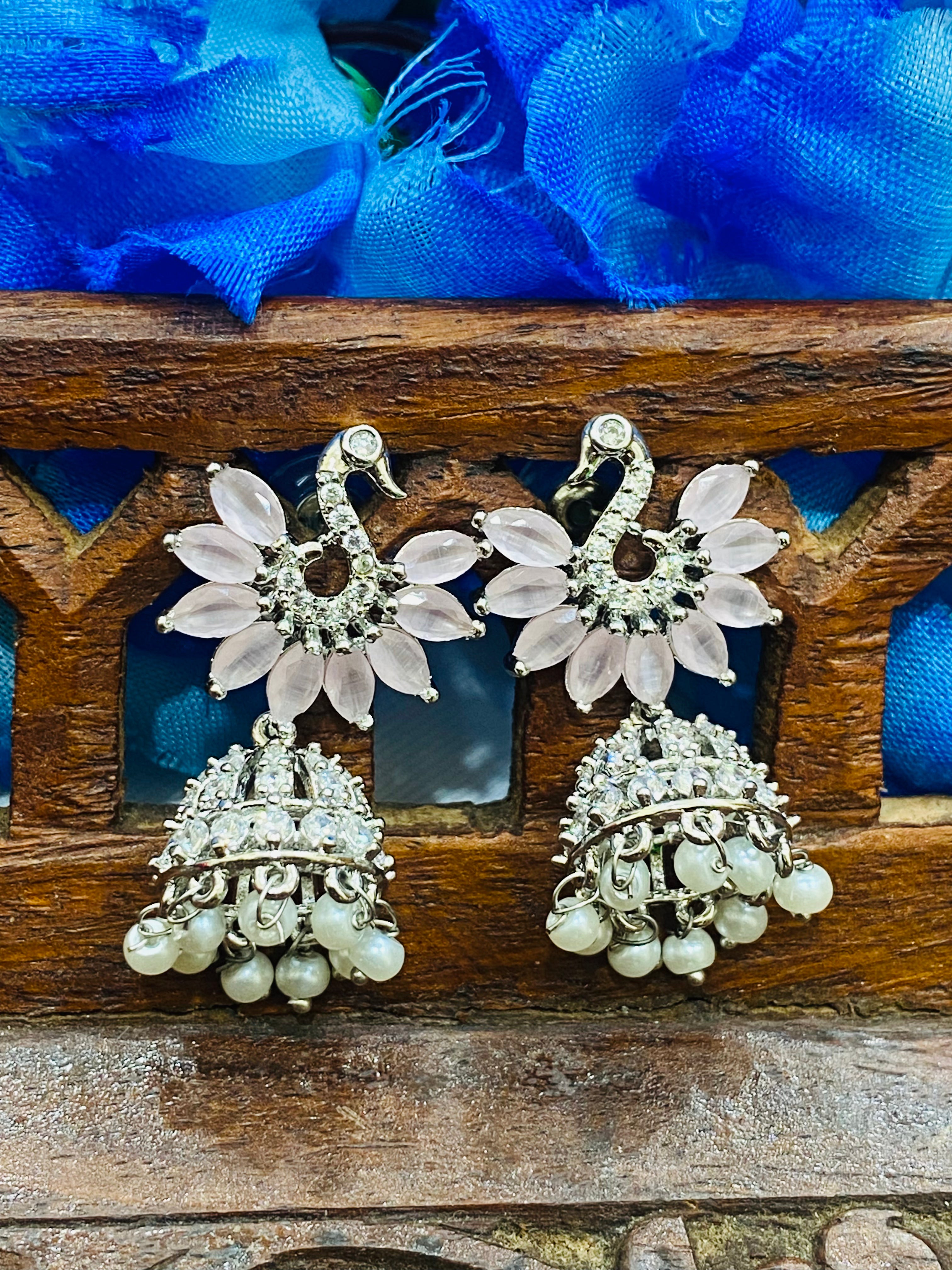 Stylish Light Pink American Diamond Jhumka Earrings for Women | Elegant Indian Ethnic Jewelry | Perfect for Weddings, Parties & Festive Occasions