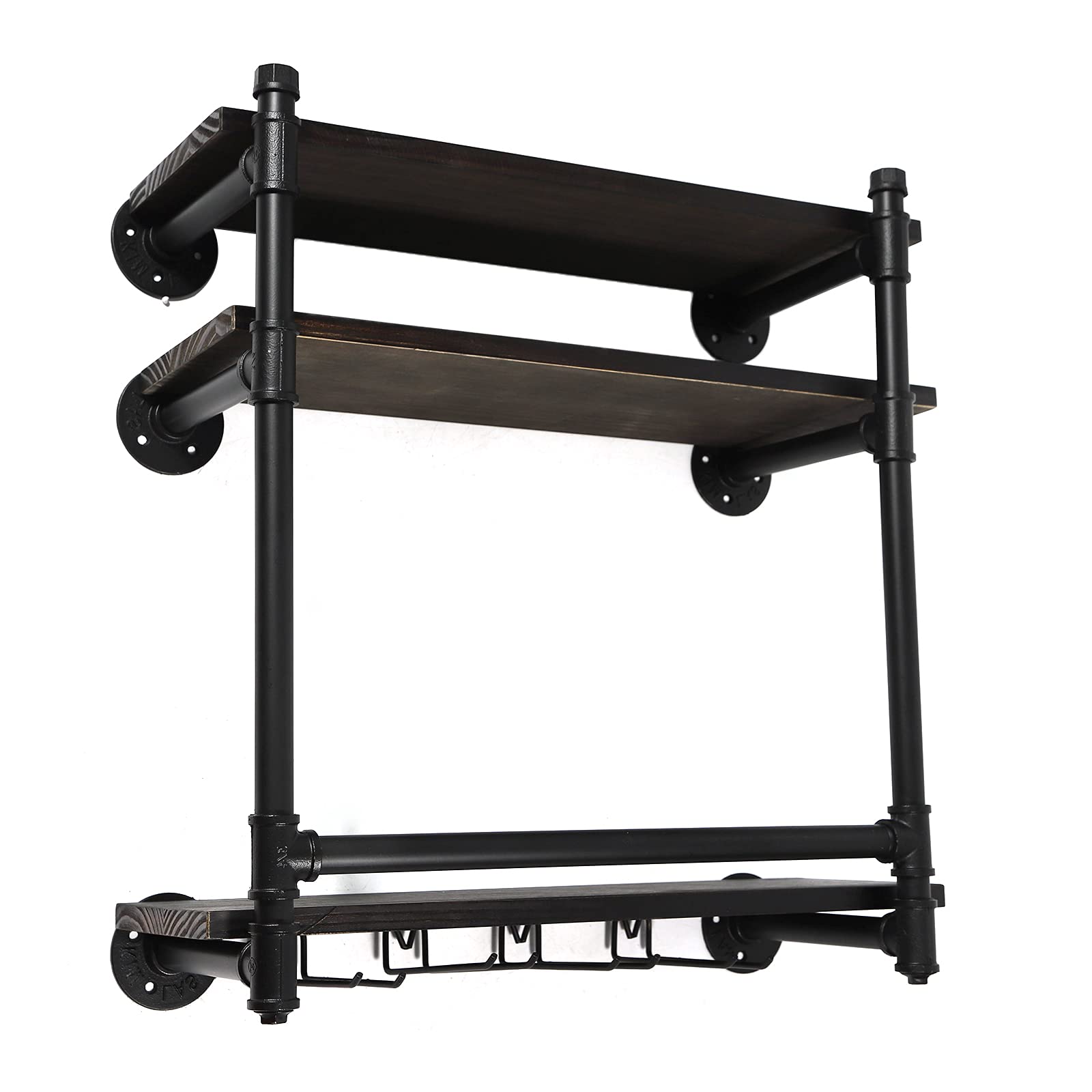 3 Layer Wall Mounted Wine Rack - 24 Slot Durable Pipe Shelf for Wine Bottles & Glass Storage - Rustic Home Kitchen Decor Organizer - Perfect for Dining Rooms, Bars, and Entertaining Spaces