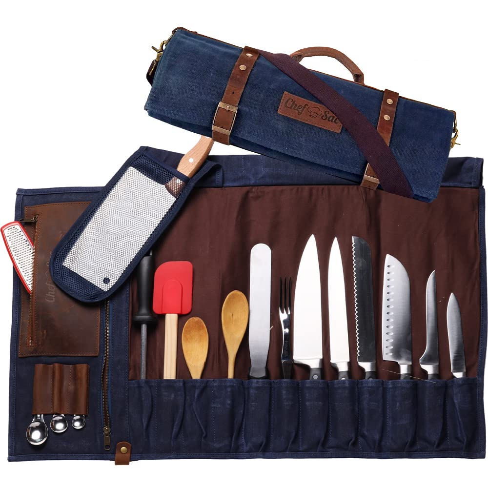Premium Waxed Canvas Chef Knife Roll Bag - 22 Pockets for Knives & Kitchen Tools with Cleaver Slot | Water-Resistant Knife Organizer for Professional Chefs & Culinary Students (Blue) | Perfect for Kitchen Storage, Travel & Culinary School