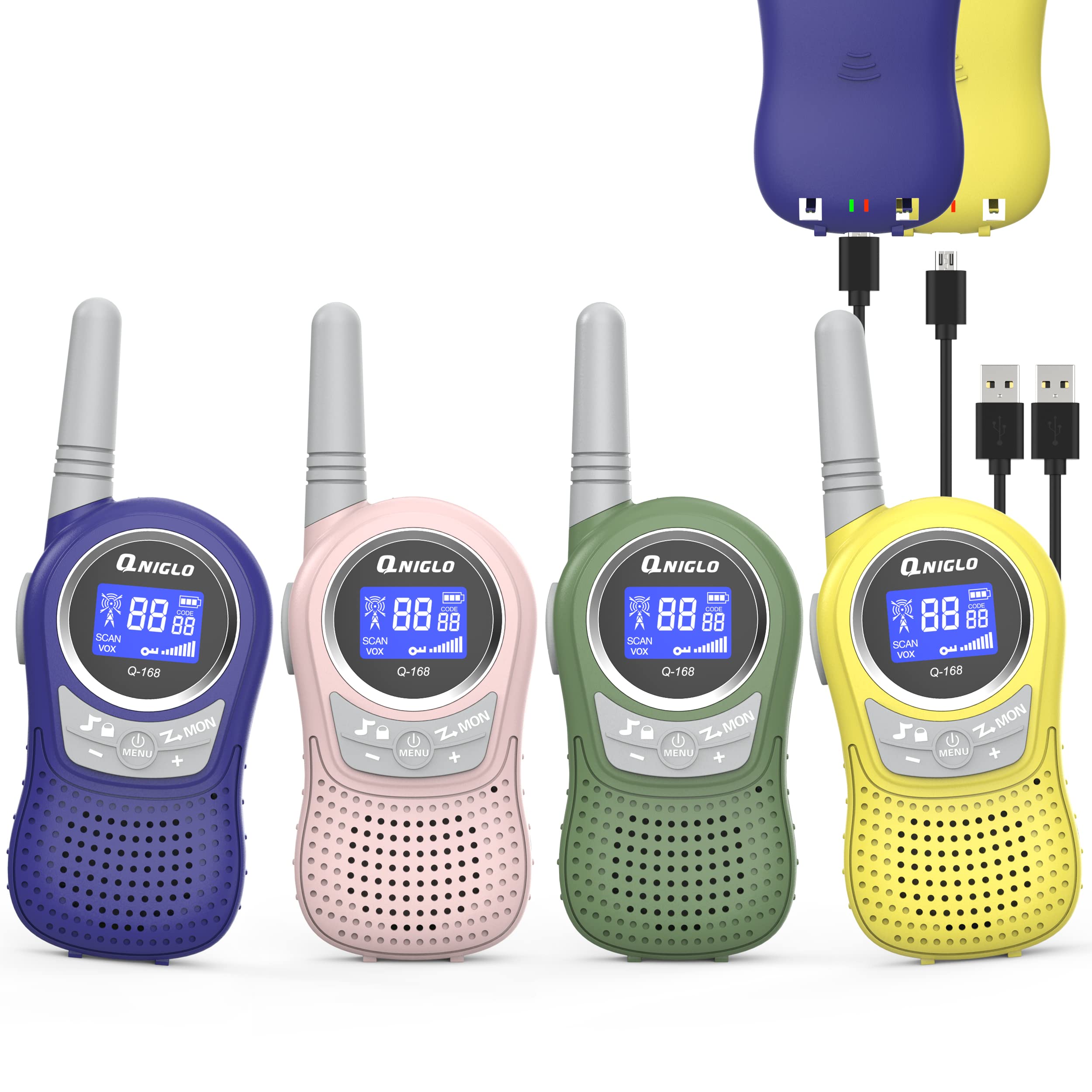 Rechargeable Walkie Talkies 4 Pack for Adults & Kids - Long Range Two Way Radios with Li-ion Battery - Perfect for Outdoor Camping, Hiking, Spy Games, Family Activities - Great Gift for Boys & Girls (Halloween, Christmas, Birthday)