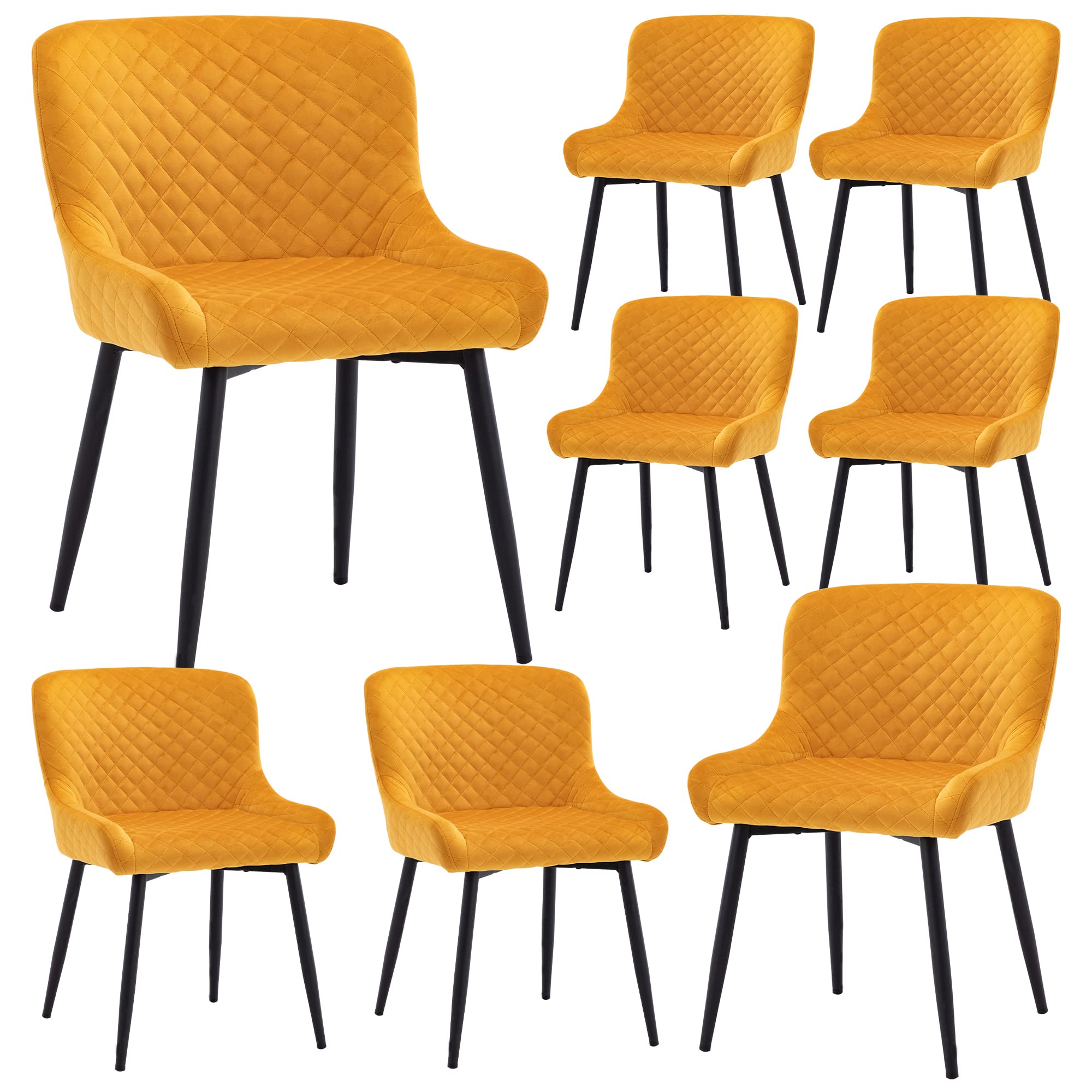 8-Piece Velvet Modern Dining Chairs Set - Upholstered Accent Side Chairs with Sturdy Metal Legs for Living Room, Bedroom & Kitchen | Elegant Yellow Home Decor | Perfect for Dinner Parties, Family Gatherings & Cozy Home Styling