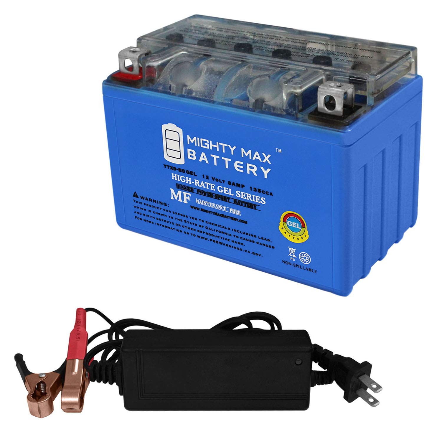Mighty Max YTX9-BS 12V 8AH GEL Motorcycle Battery for Honda VT600C 600CC with 2A Charger - Powers Cruiser Bikes & Powersports Vehicles