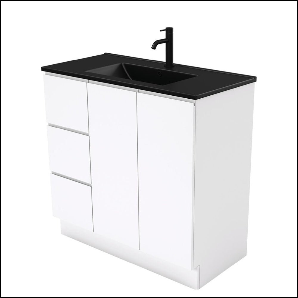 Fienza 900mm TCLB90CL Dolce Matte Black Fingerpull Gloss White Bathroom Vanity with Kickboard - Left Side Drawers for Modern Home Decor, Perfect for Small Bathroom Renovation and Space-Saving Storage Solutions