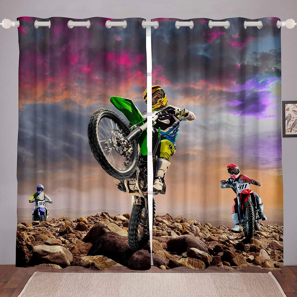 Motocross Rider Dirt Bike Blackout Curtains for Boys Bedroom - Thermal Insulated Window Drapes, Motorcycle Themed Kids & Teen Room Decor (2 Panels, 63 Inches Long) - Perfect for Extreme Sports Fans & Mountain Bike Enthusiasts