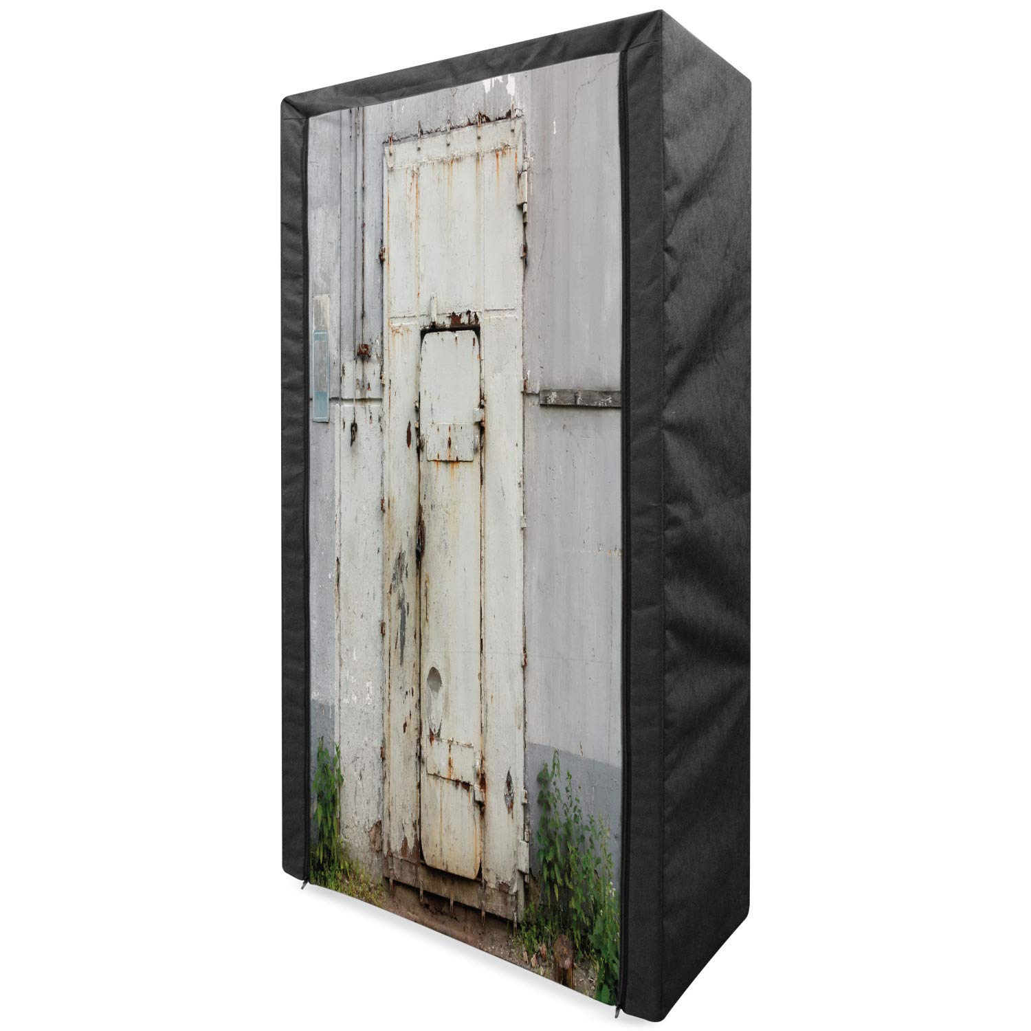 Ambesonne Industrial Portable Fabric Wardrobe - Rusty Iron Door Design Clothing Organizer with Shelves, 33.5 Inch, Beige Brown Green | Perfect for Small Spaces, Dorm Rooms & Apartment Storage