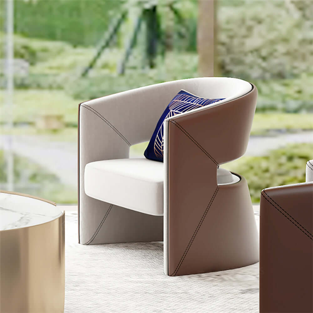 Modern Brown & Beige Solid Wood & Faux Leather Barrel Accent Chair - Perfect for Living Room, Bedroom, or Office Decor