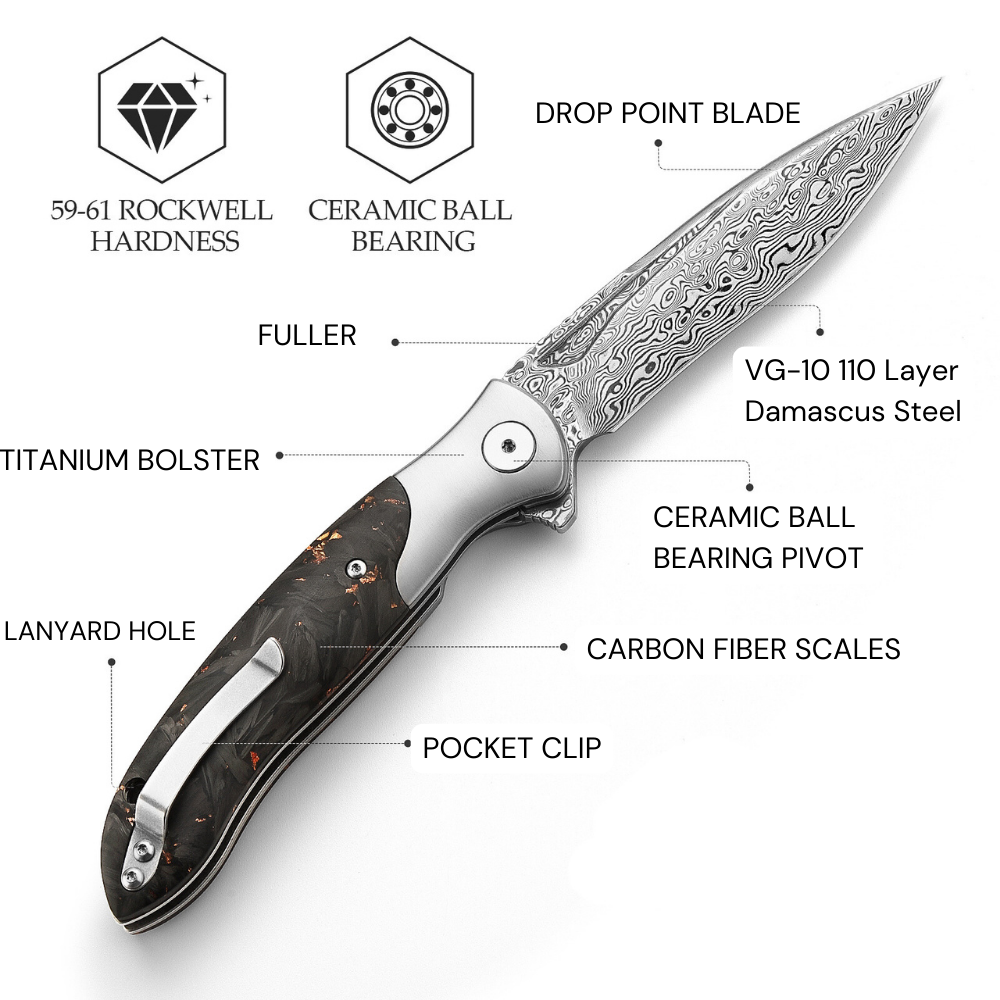 Raven VG10 Ultralight Folding Pocket Knife - Titanium & Carbon Fiber Handle - EDC, Camping, Hiking & Outdoor Survival Gear
