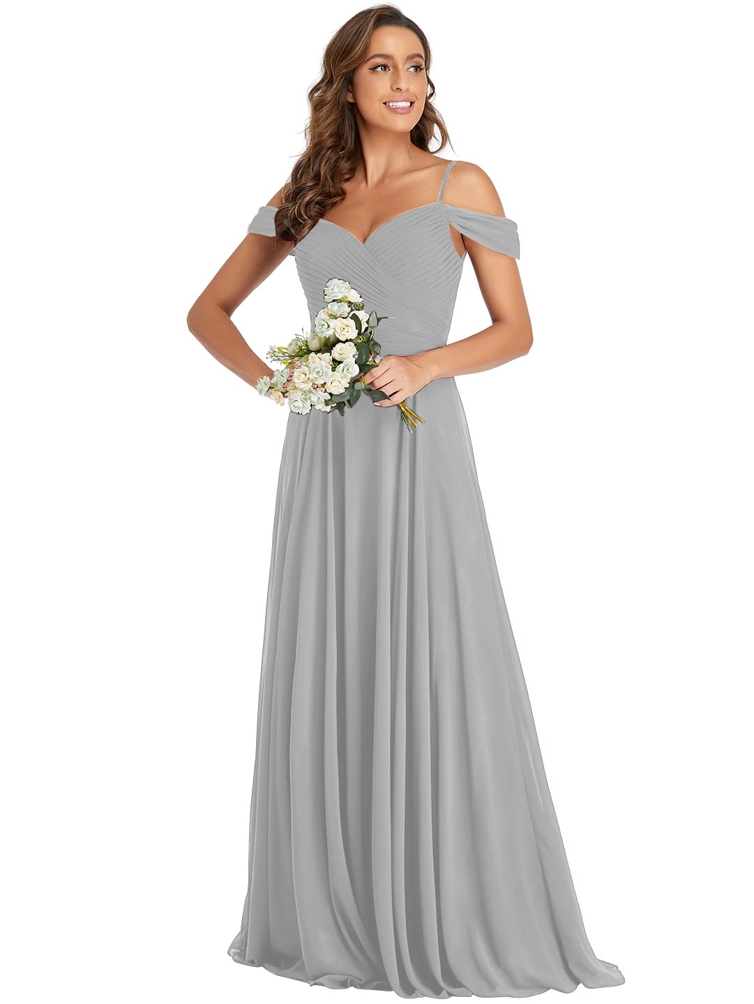 Elegant Grey Off The Shoulder Bridesmaid Dress - Long Chiffon Formal Gown for Wedding, Prom & Party - Size 6 - Perfect for Bridal Showers, Evening Events & Special Occasions